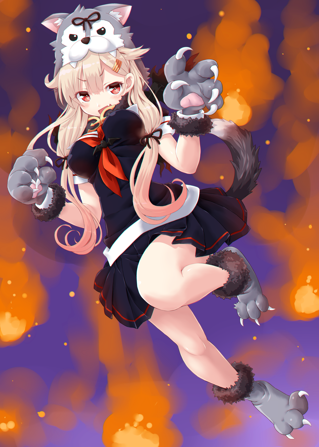 Anime girl in wolf costume jumping HD Phone Wallpaper