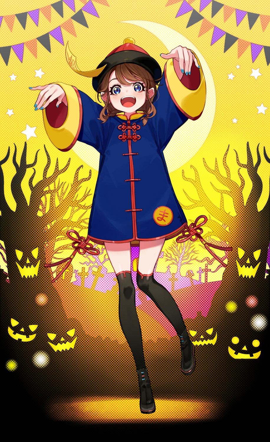 Anime girl in Chinese-style costume with Halloween background HD Phone Wallpaper