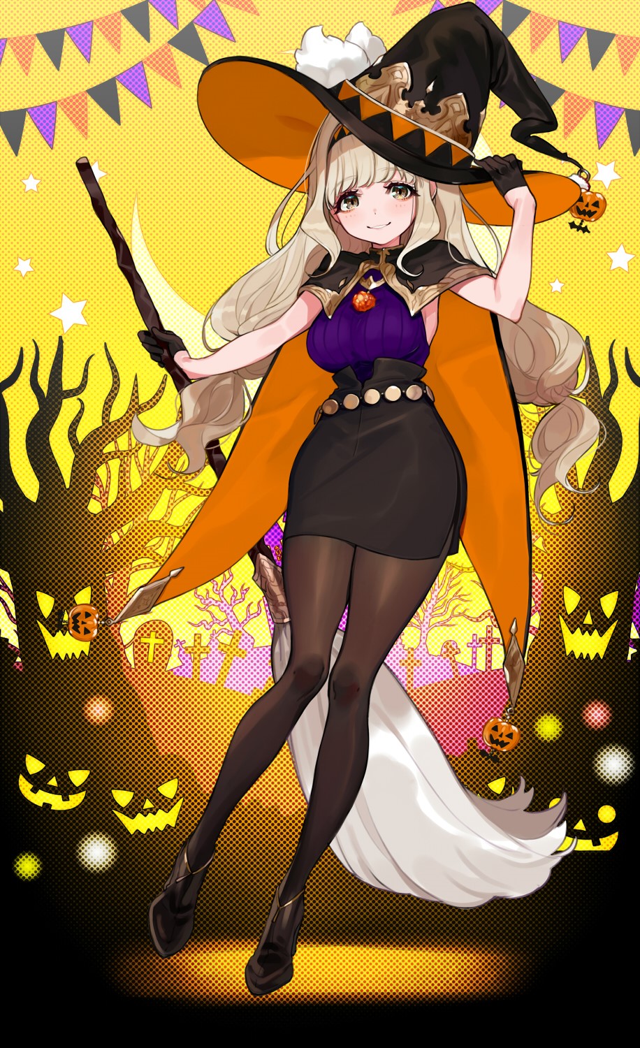 Anime witch girl with blonde hair and Halloween costume HD Phone Wallpaper