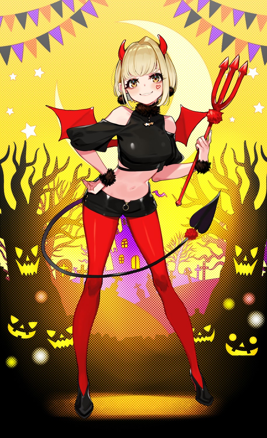 Anime girl in devil costume with trident HD Phone Wallpaper