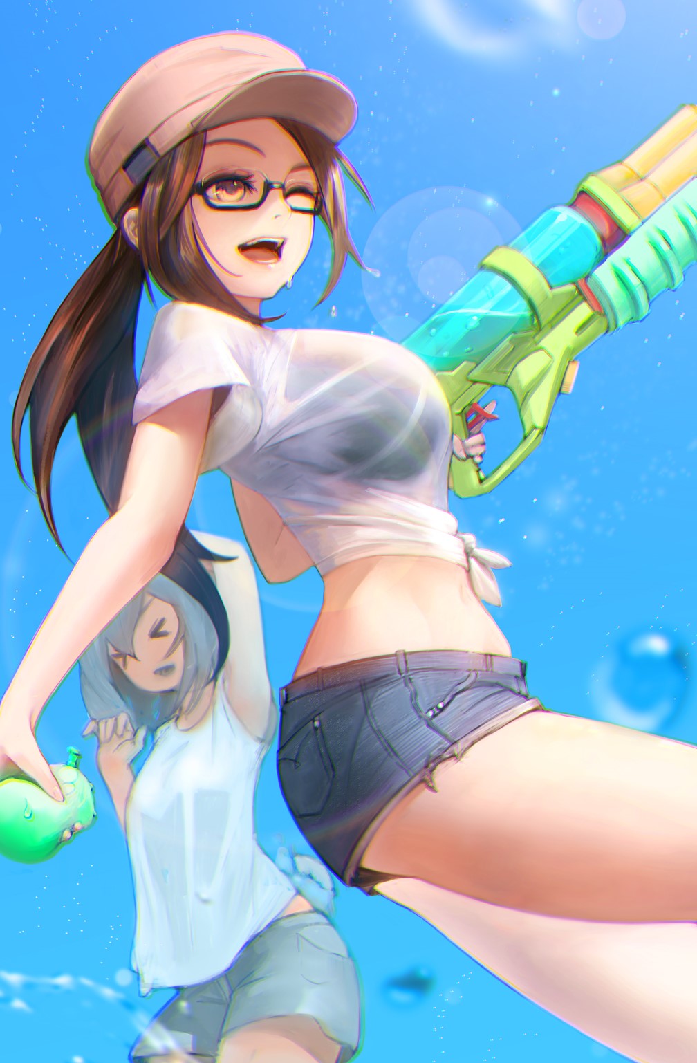 Two girls with water guns on a sunny day HD Phone Wallpaper