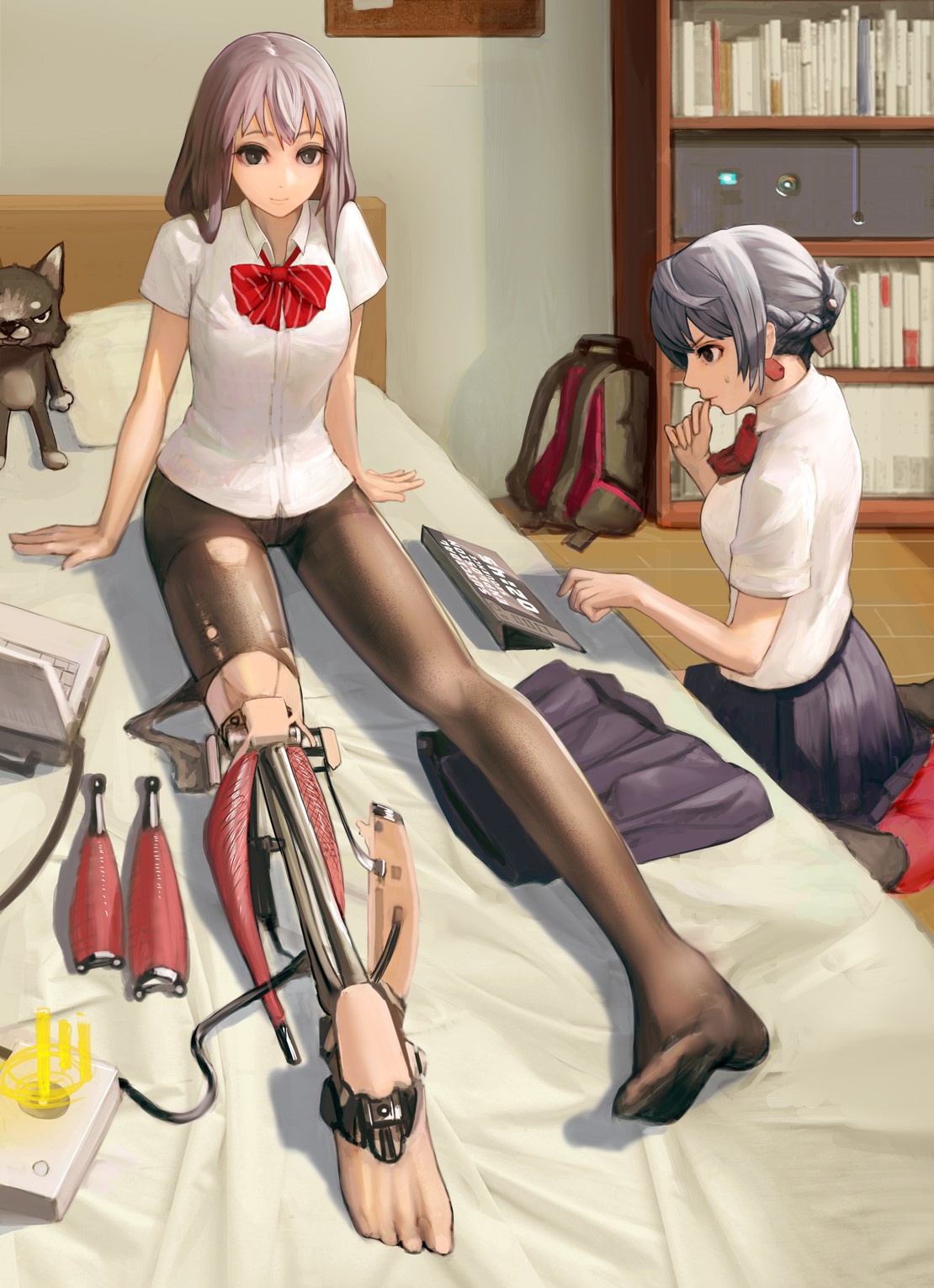 Girl with prosthetic leg and friend in school uniforms HD Phone Wallpaper