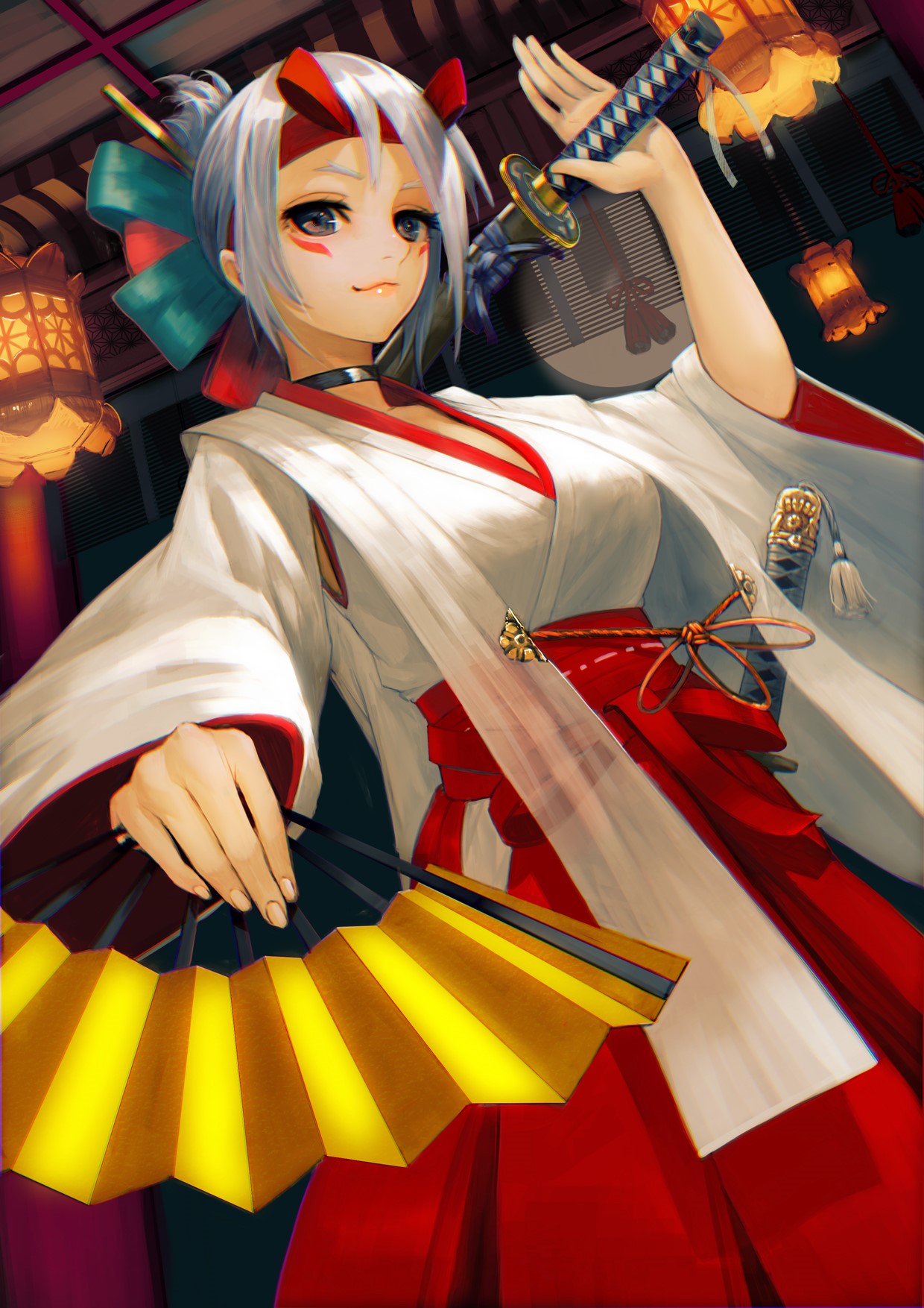 Miko with Katana and Fan HD Phone Wallpaper
