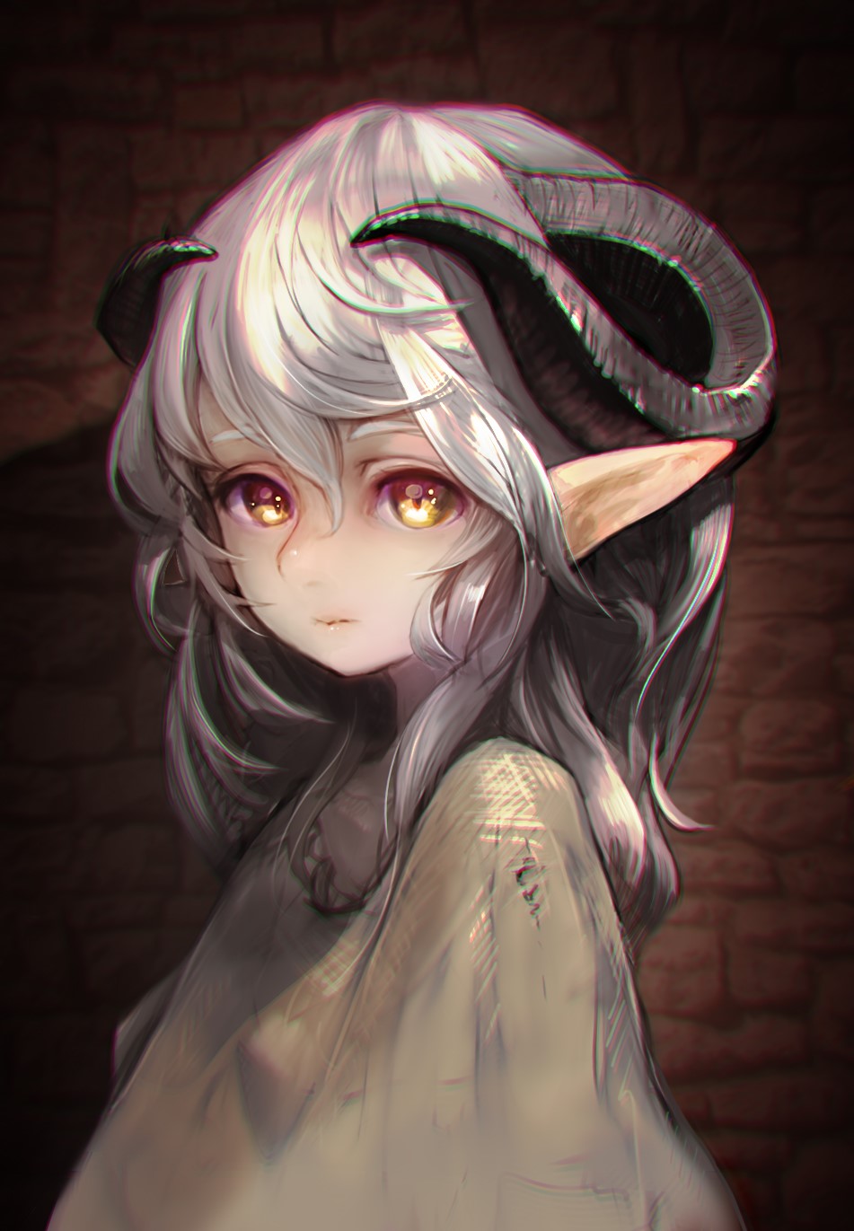 Anime girl with horns and white hair HD Phone Wallpaper