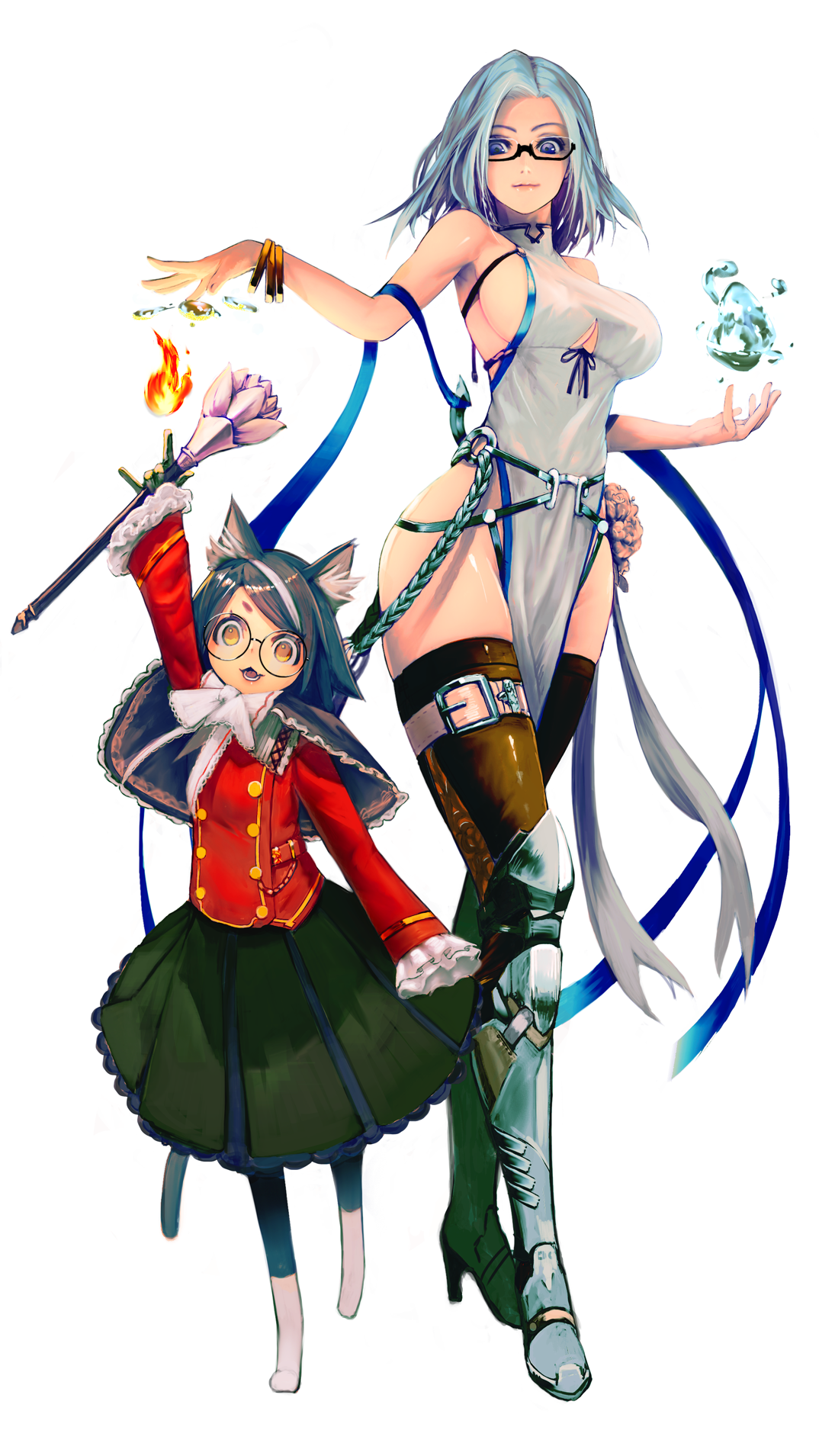 Two female characters, one with cat ears, holding magical staffs HD Phone Wallpaper