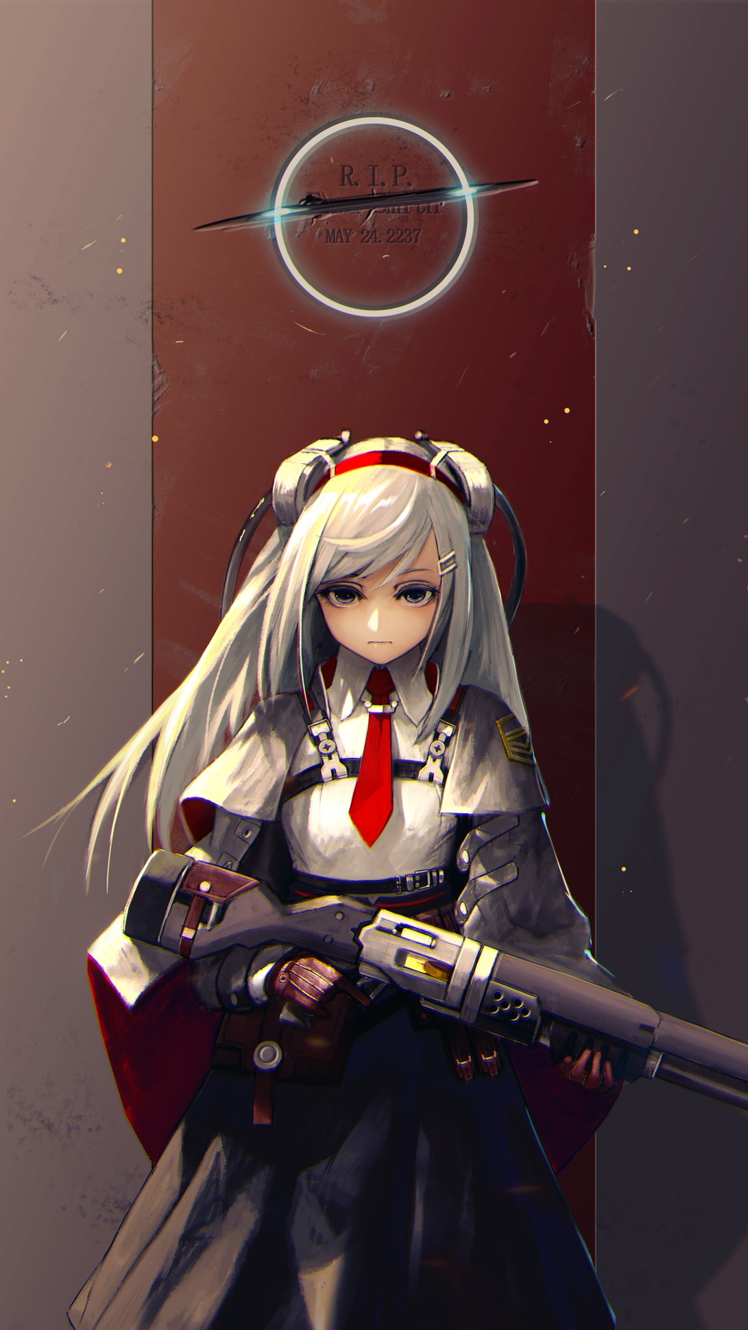 Anime girl with a shotgun in front of a tombstone HD Phone Wallpaper
