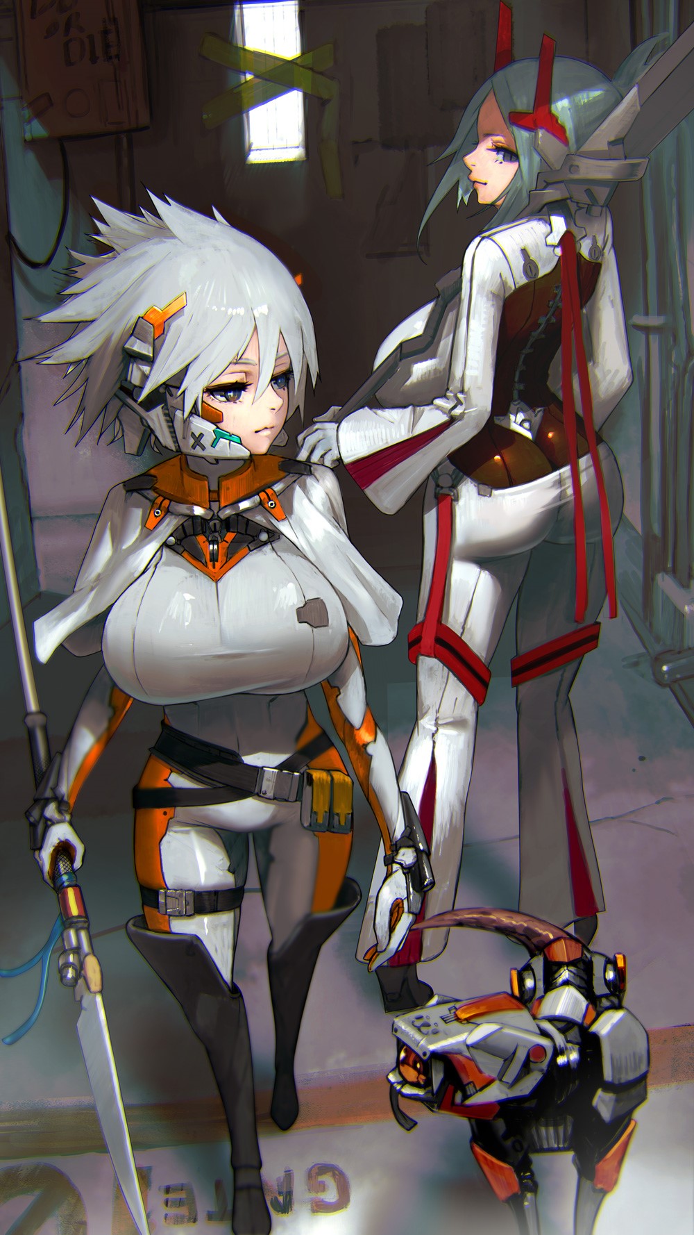 Two women in futuristic white and orange bodysuits HD Phone Wallpaper