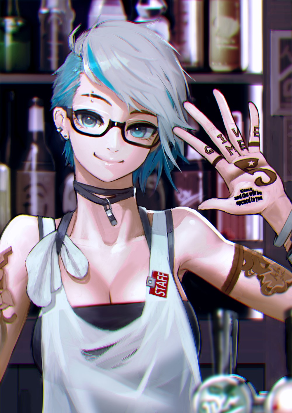 Anime girl with blue hair and glasses at a bar HD Phone Wallpaper