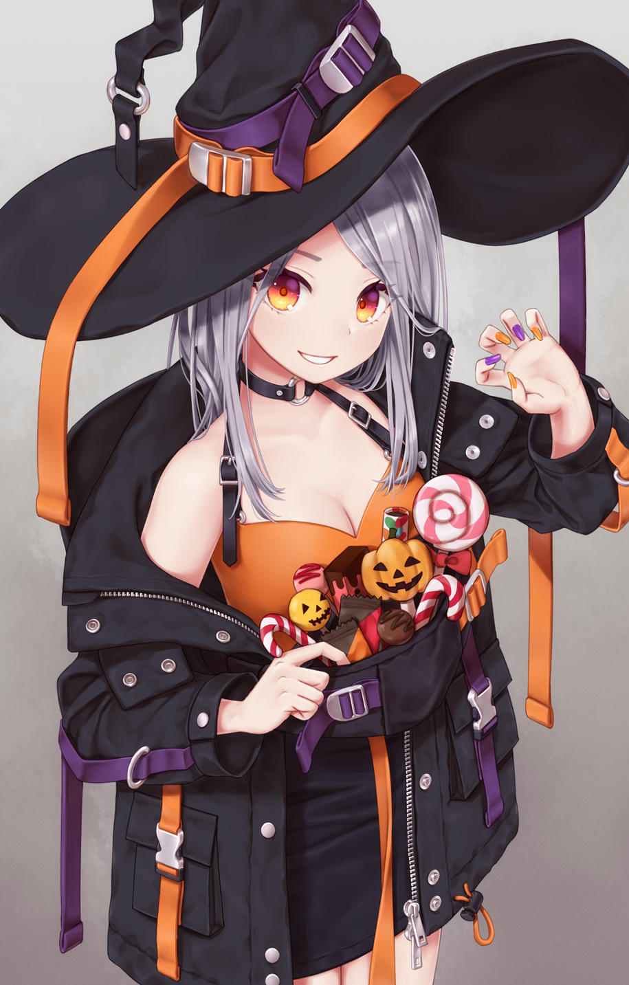 Anime girl in witch costume with Halloween candy HD Phone Wallpaper