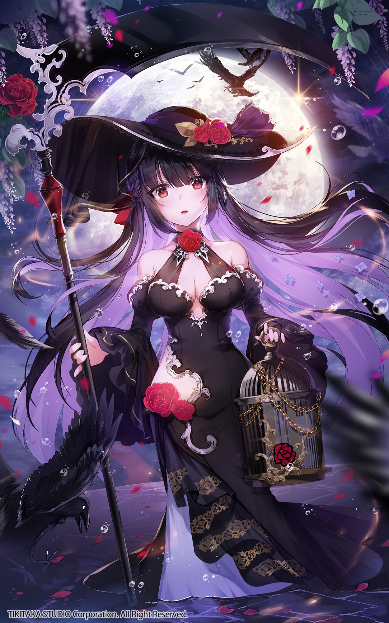 Anime witch with staff and birdcage HD Phone Wallpaper