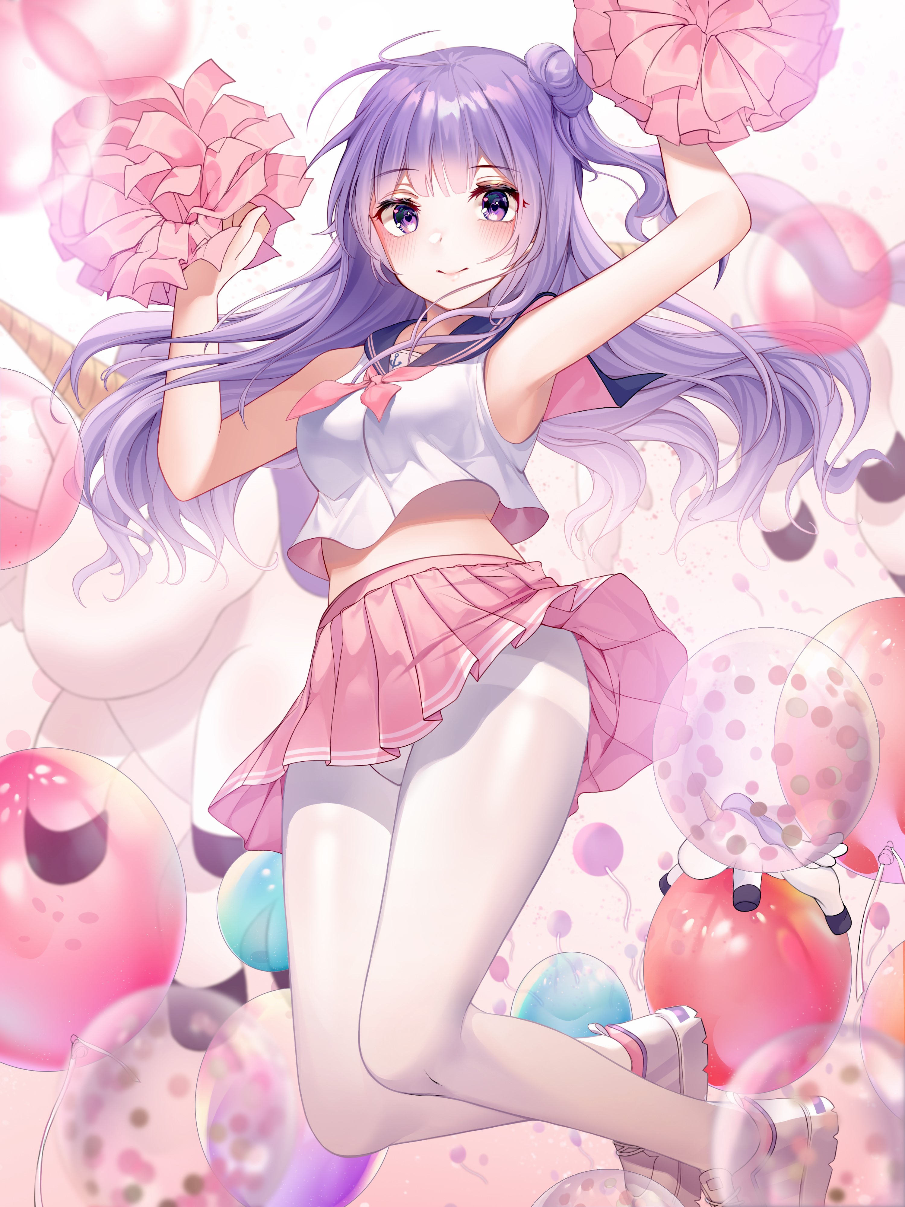 Anime girl with purple hair and pom-poms HD Phone Wallpaper