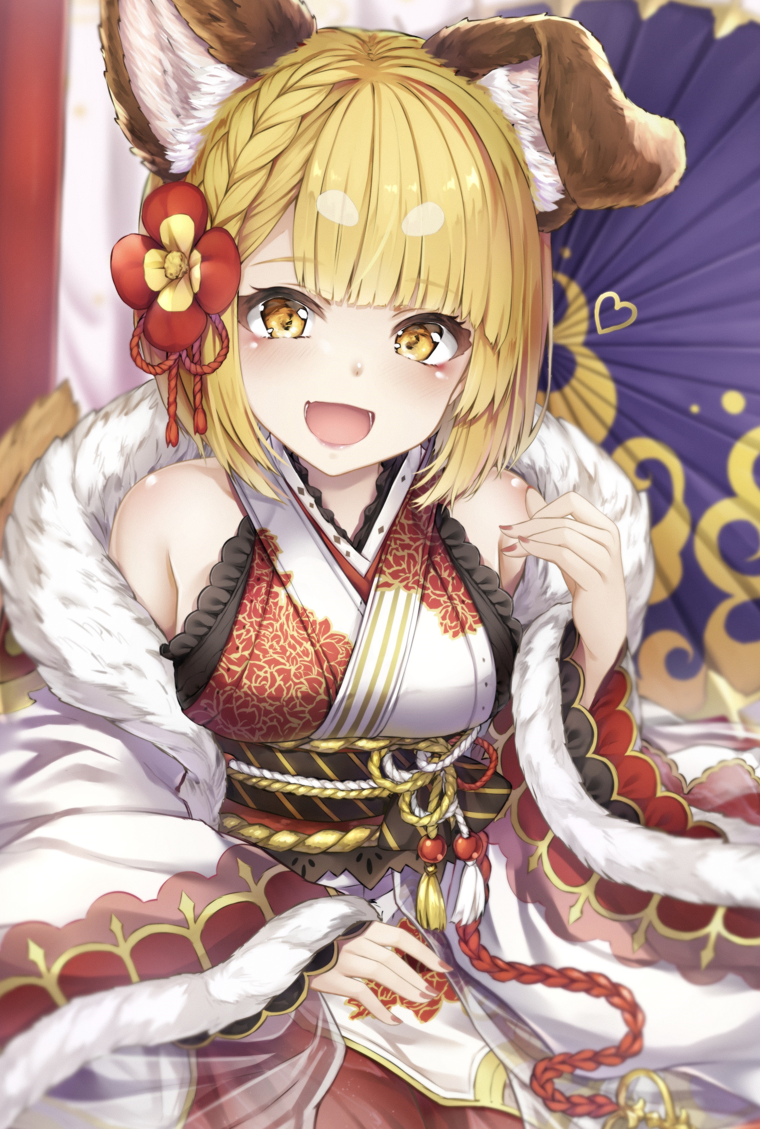 Anime girl with dog ears in kimono HD Phone Wallpaper