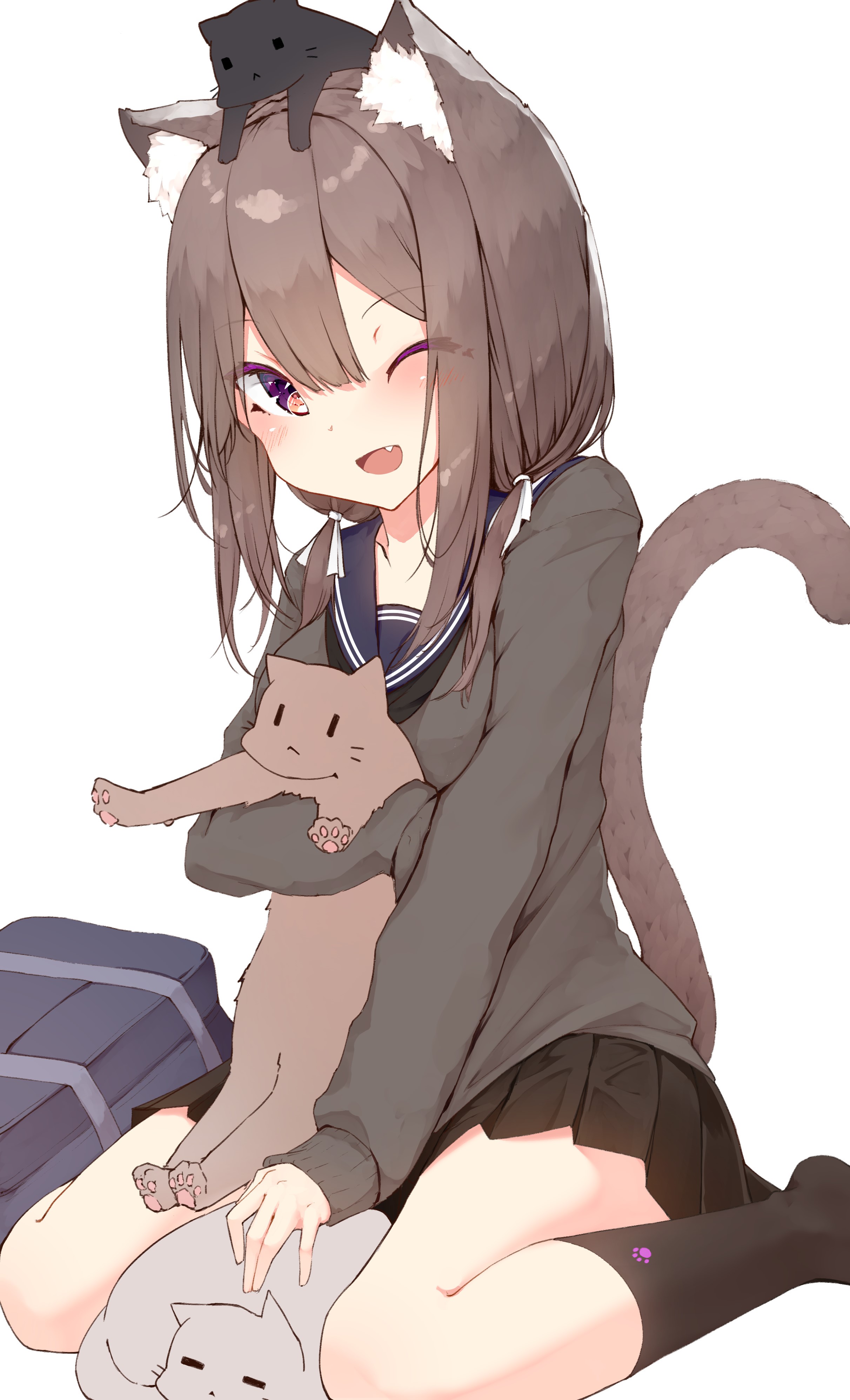 Mayogii Cat Girl with Cats and School Uniform HD Phone Wallpaper