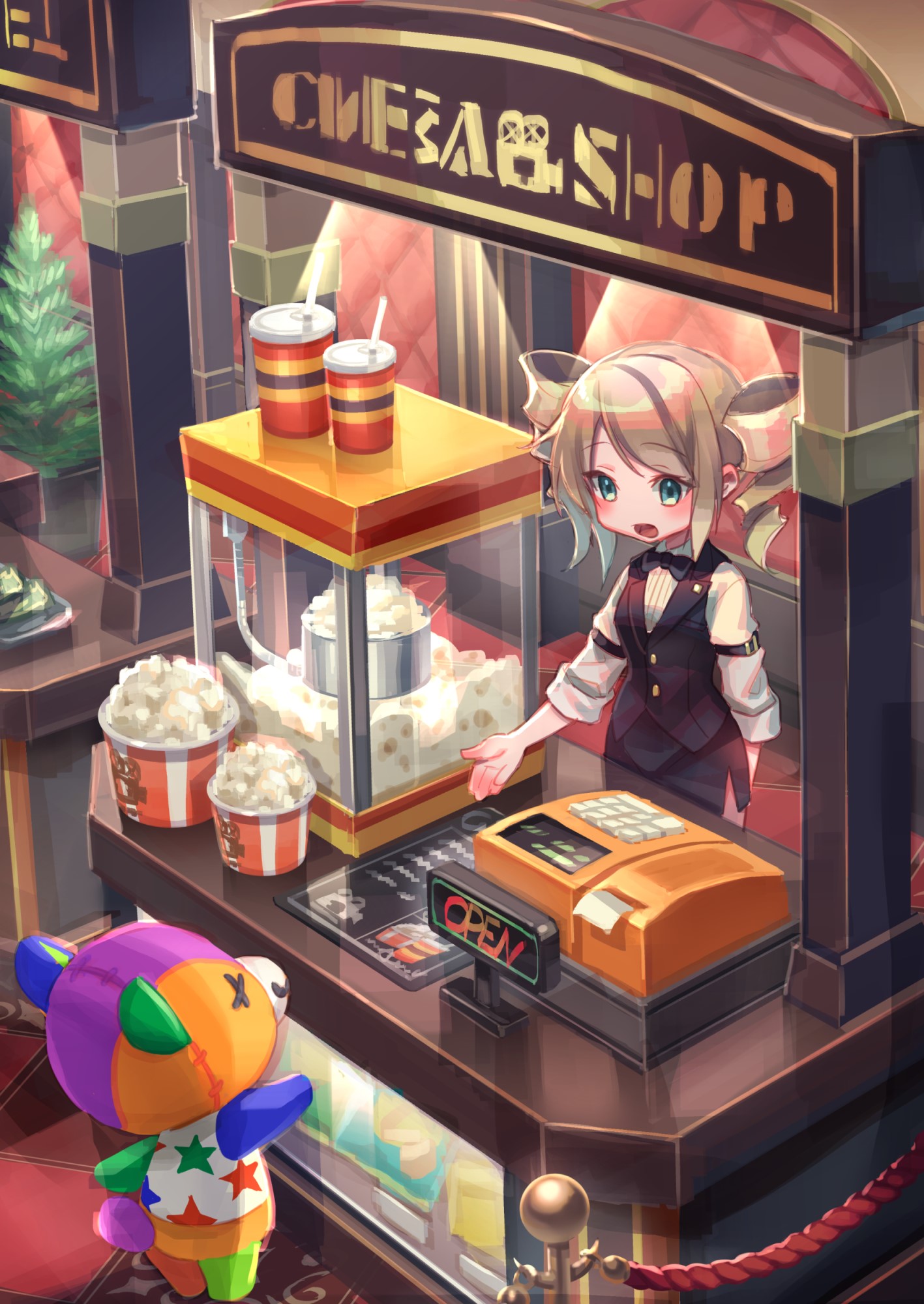 Anime girl working at a cinema shop with popcorn HD Phone Wallpaper