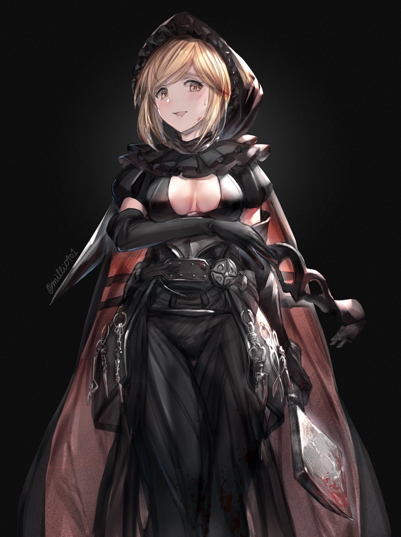 Anime girl with blonde hair and a black hood HD Phone Wallpaper