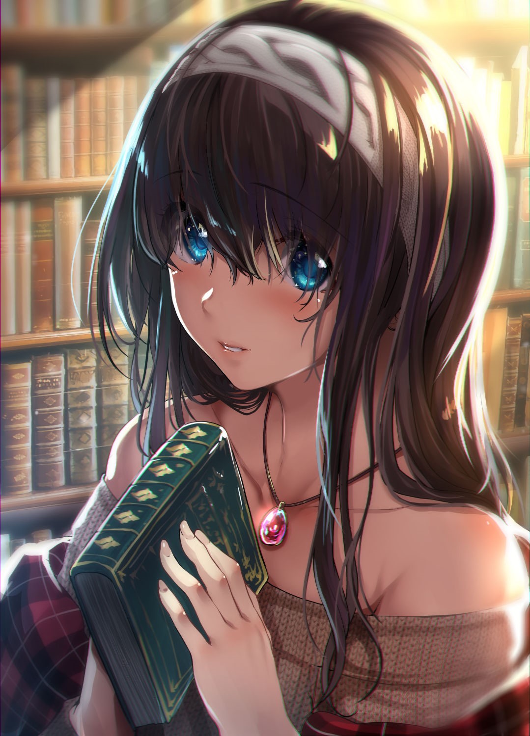 Anime girl with book in library HD Phone Wallpaper