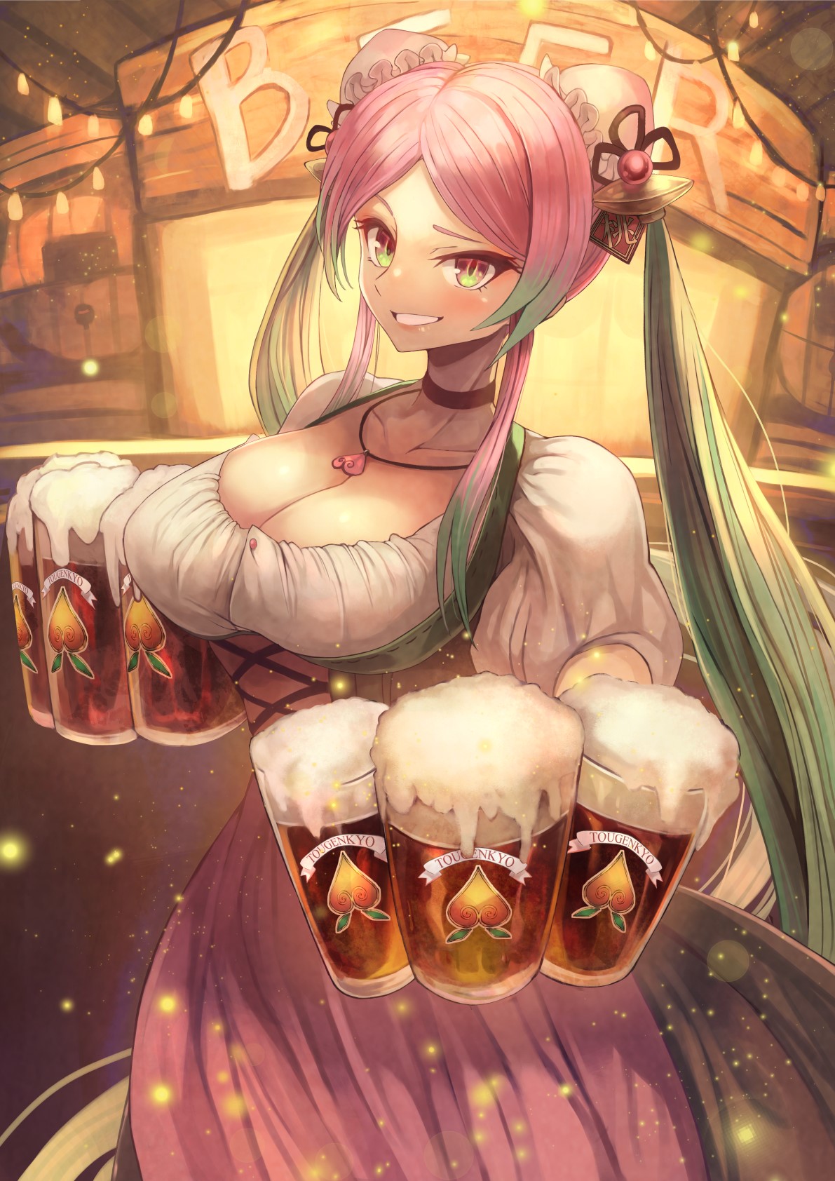 Anime girl serving beer at a bar HD Phone Wallpaper