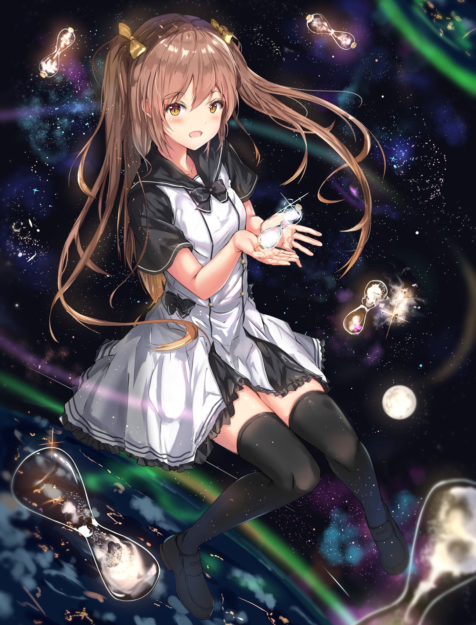 Anime girl with pigtails in space with hourglasses HD Phone Wallpaper