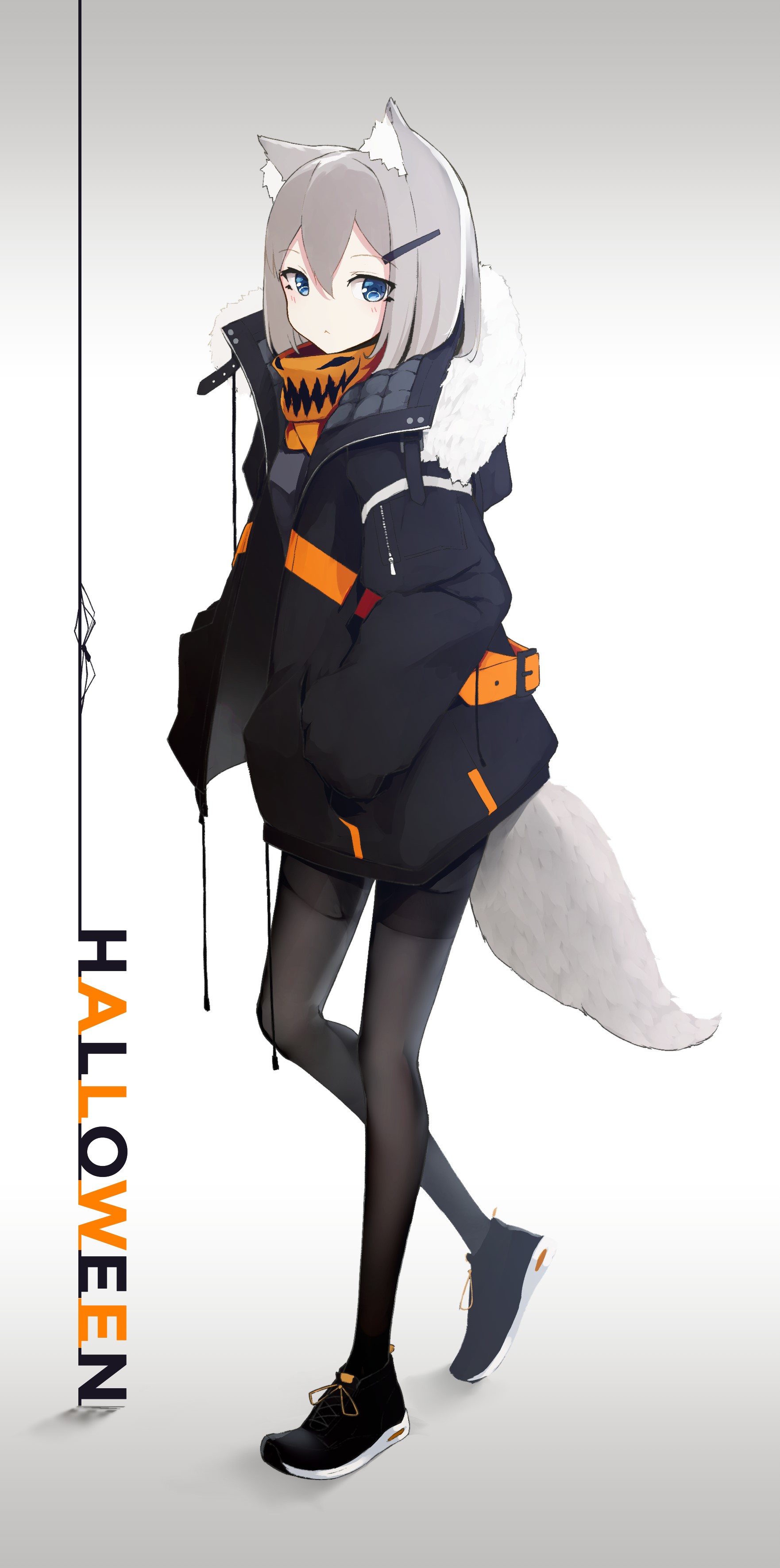 Anime girl with wolf ears and tail, Halloween theme HD Phone Wallpaper