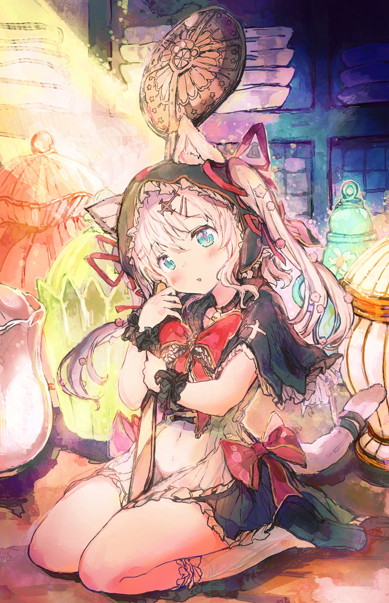 Cat girl kneeling in a magical shop HD Phone Wallpaper