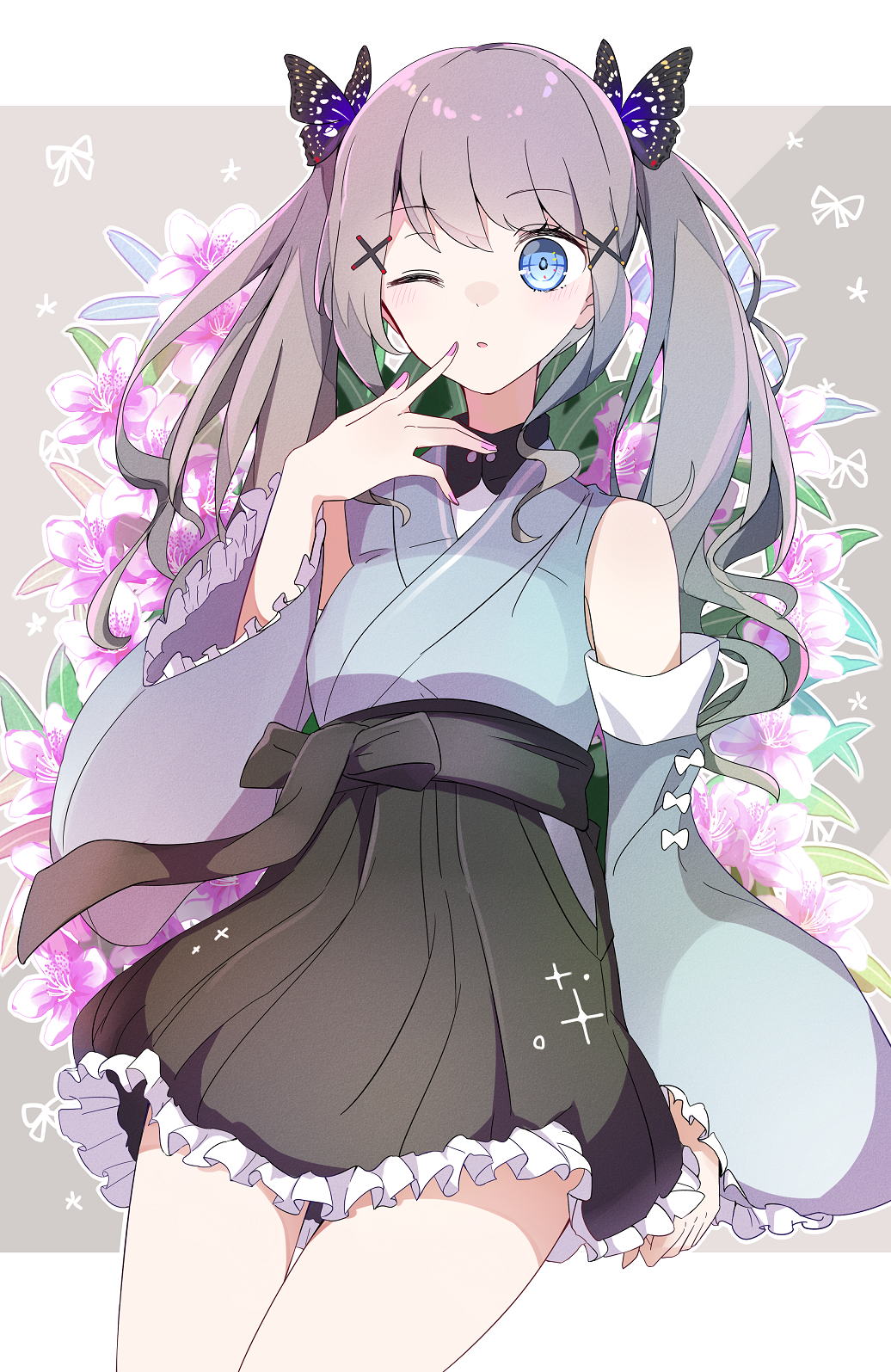 Anime girl with butterfly hair clips and flowers HD Phone Wallpaper