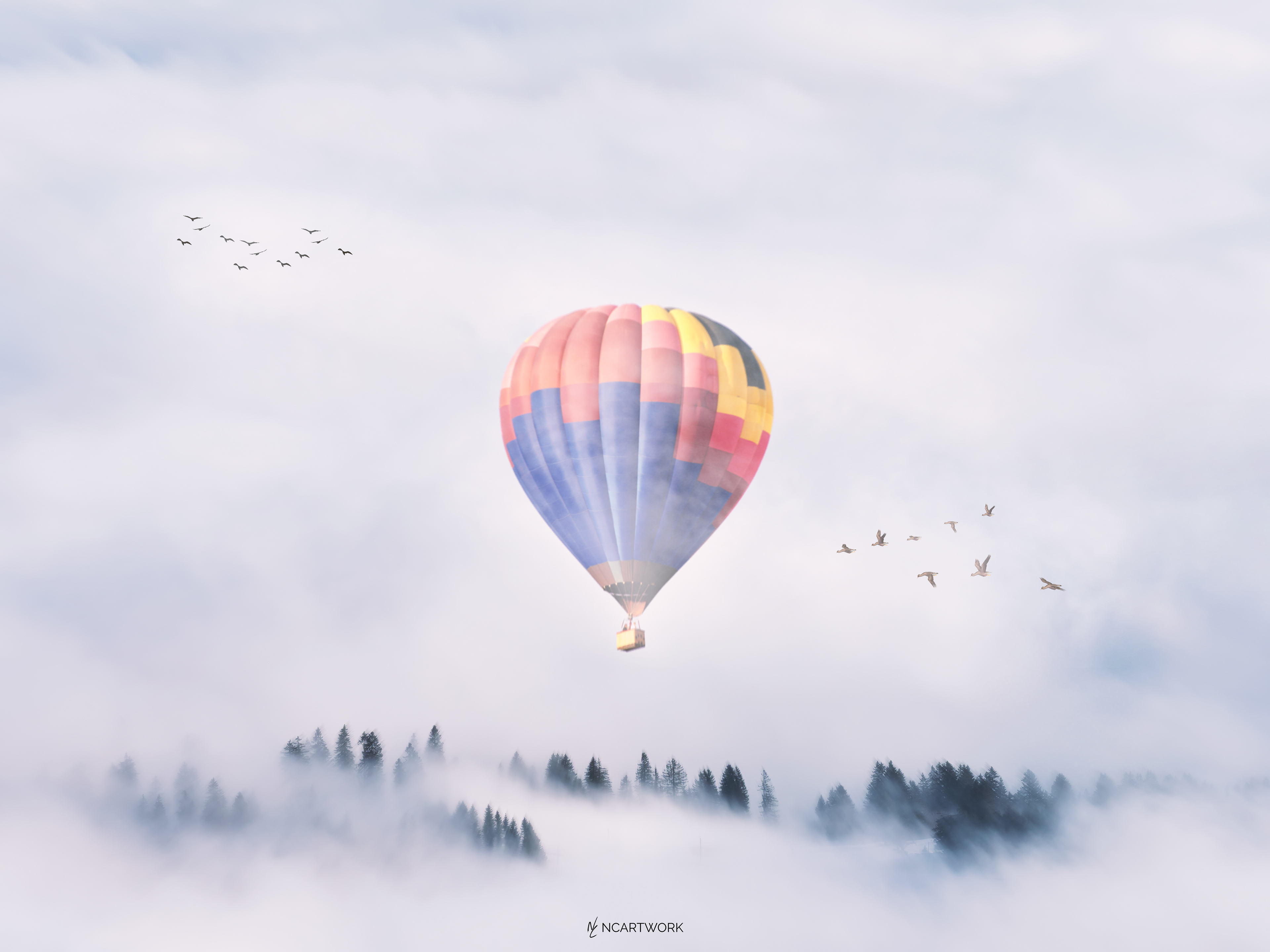 Hot air balloon flying over foggy forest with birds HD Wallpaper