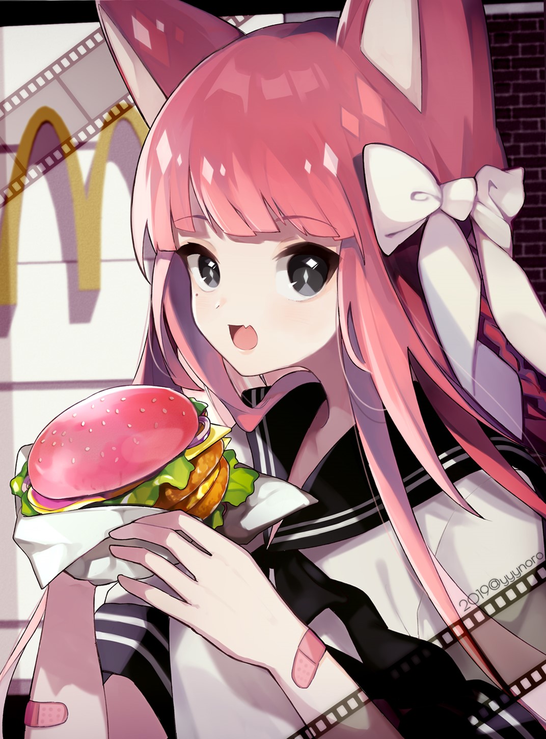 Anime girl with pink hair eating a burger at McDonald's HD Phone Wallpaper