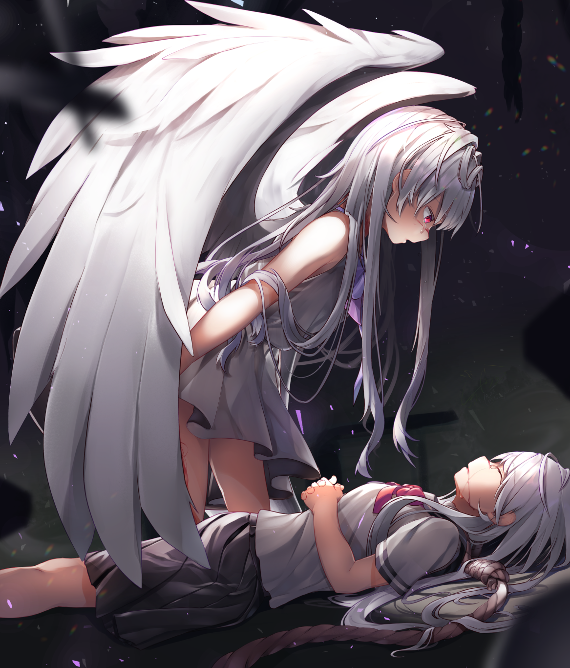 Anime girl with white wings over another girl HD Phone Wallpaper