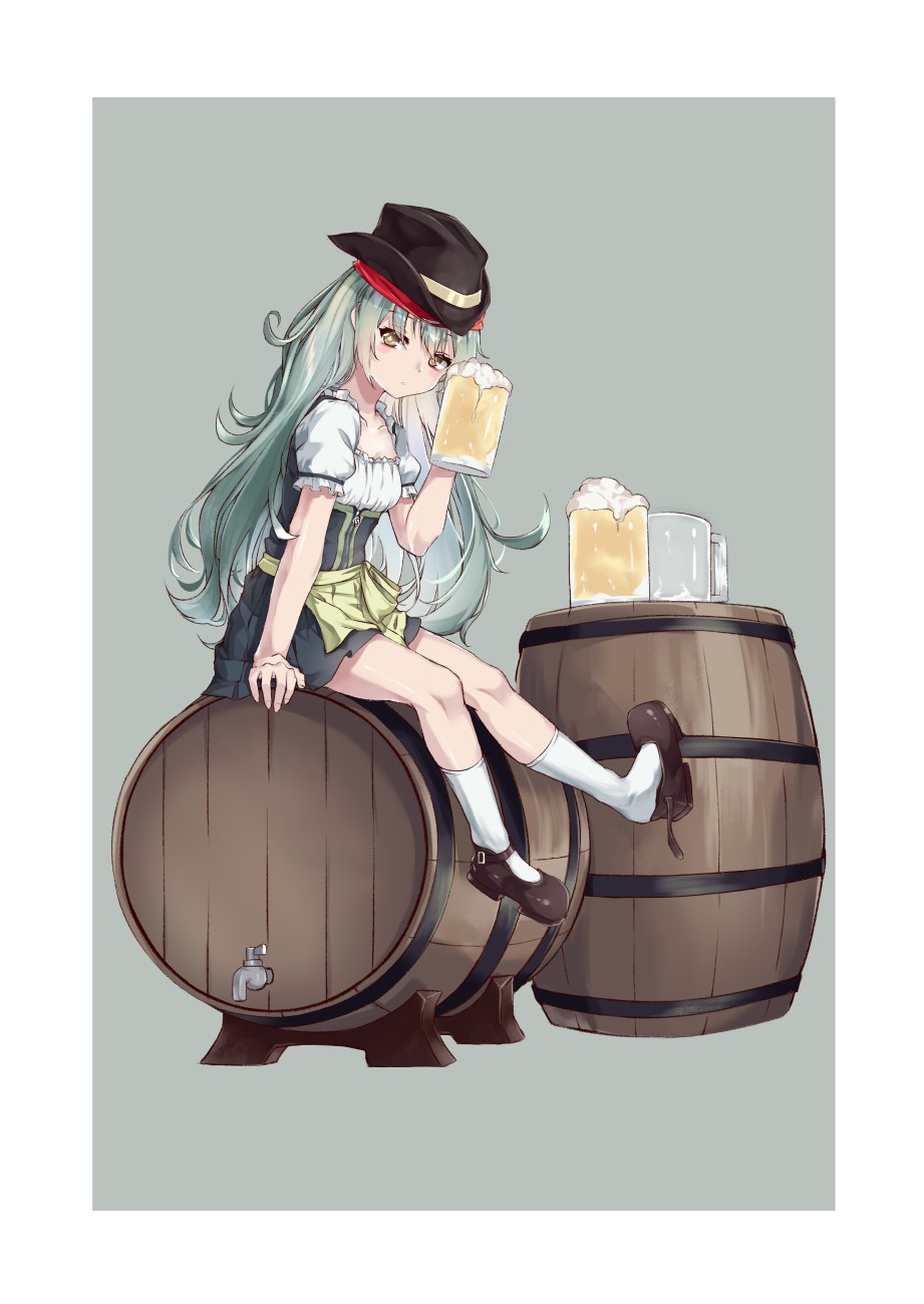 Anime girl in dirndl with beer mugs and barrels HD Phone Wallpaper