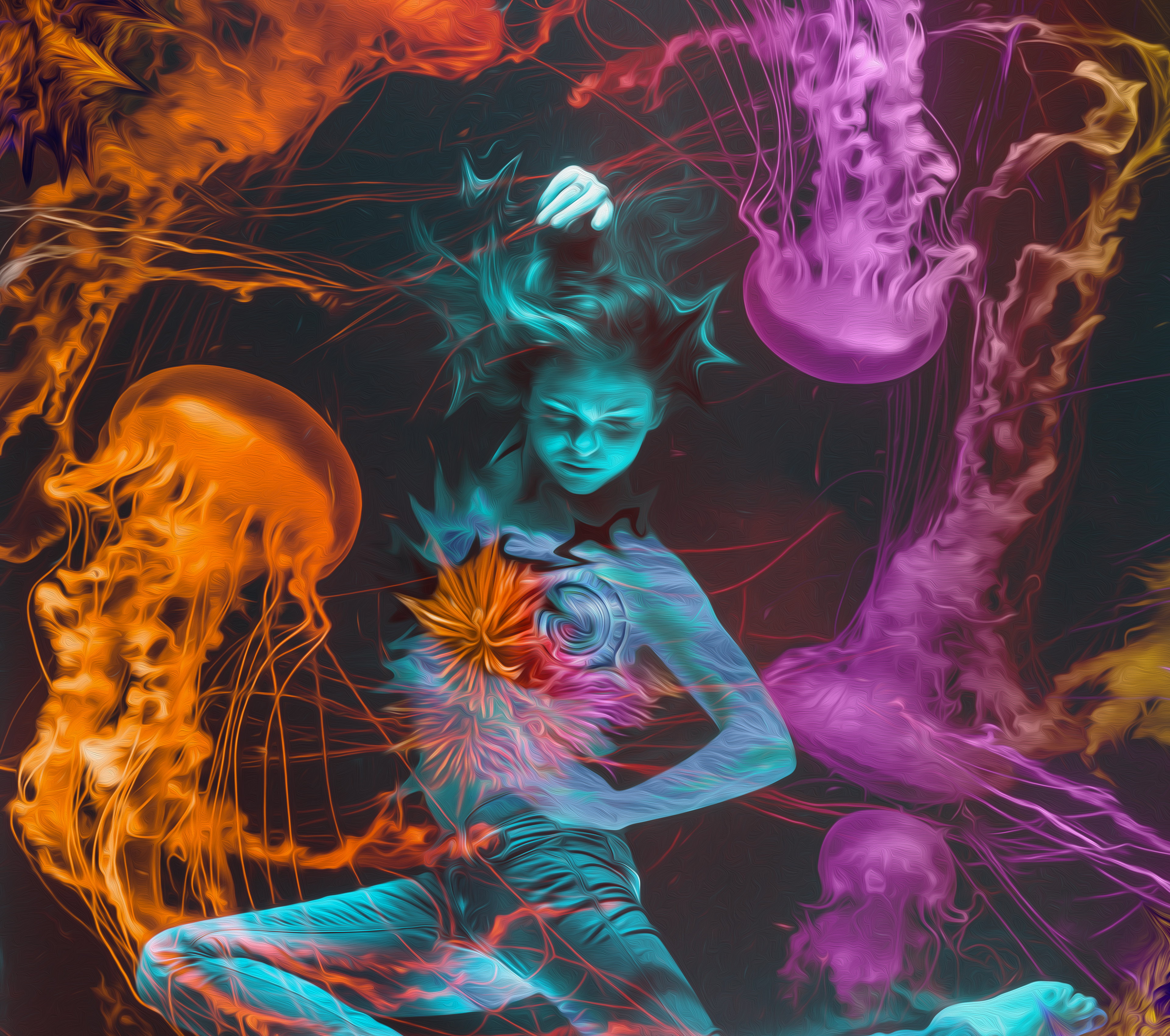 Woman dancing with colorful jellyfishes underwater HD Wallpaper