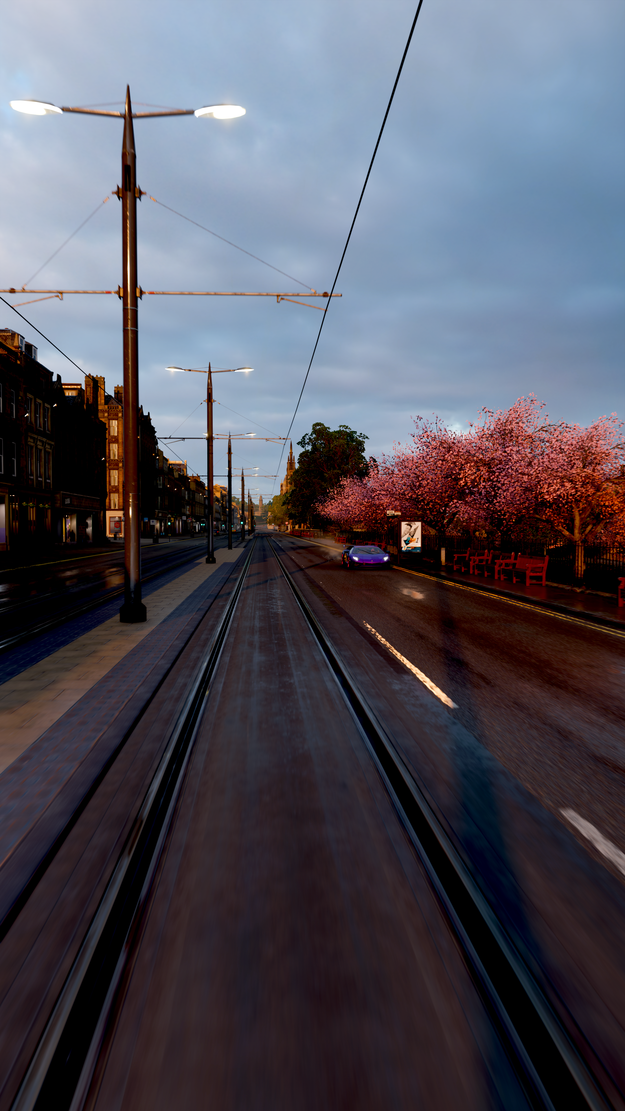 Forza Horizon 4 screenshot with tram tracks and cherry blossoms HD Phone Wallpaper