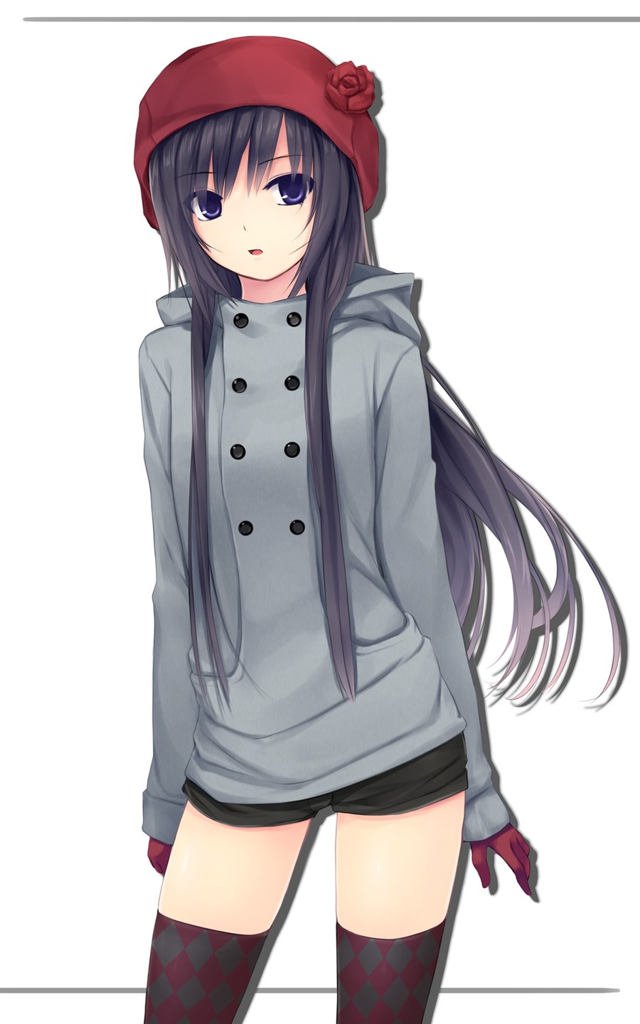 Anime girl with long hair wearing a red beret and grey hoodie HD Phone Wallpaper