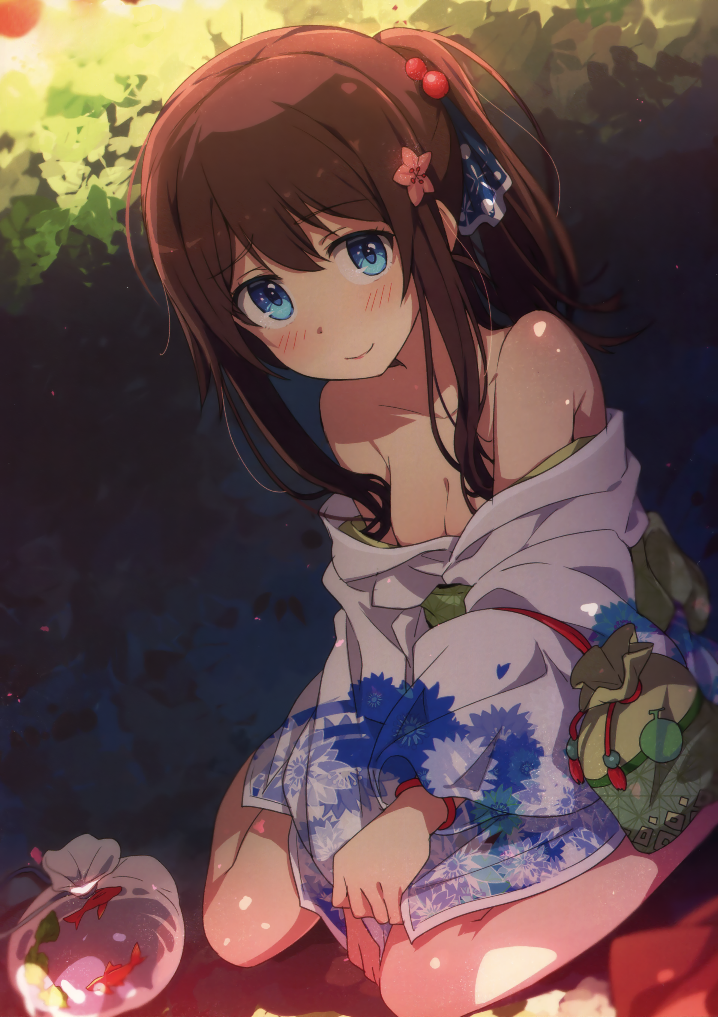 Anime girl in yukata with goldfish bags HD Phone Wallpaper