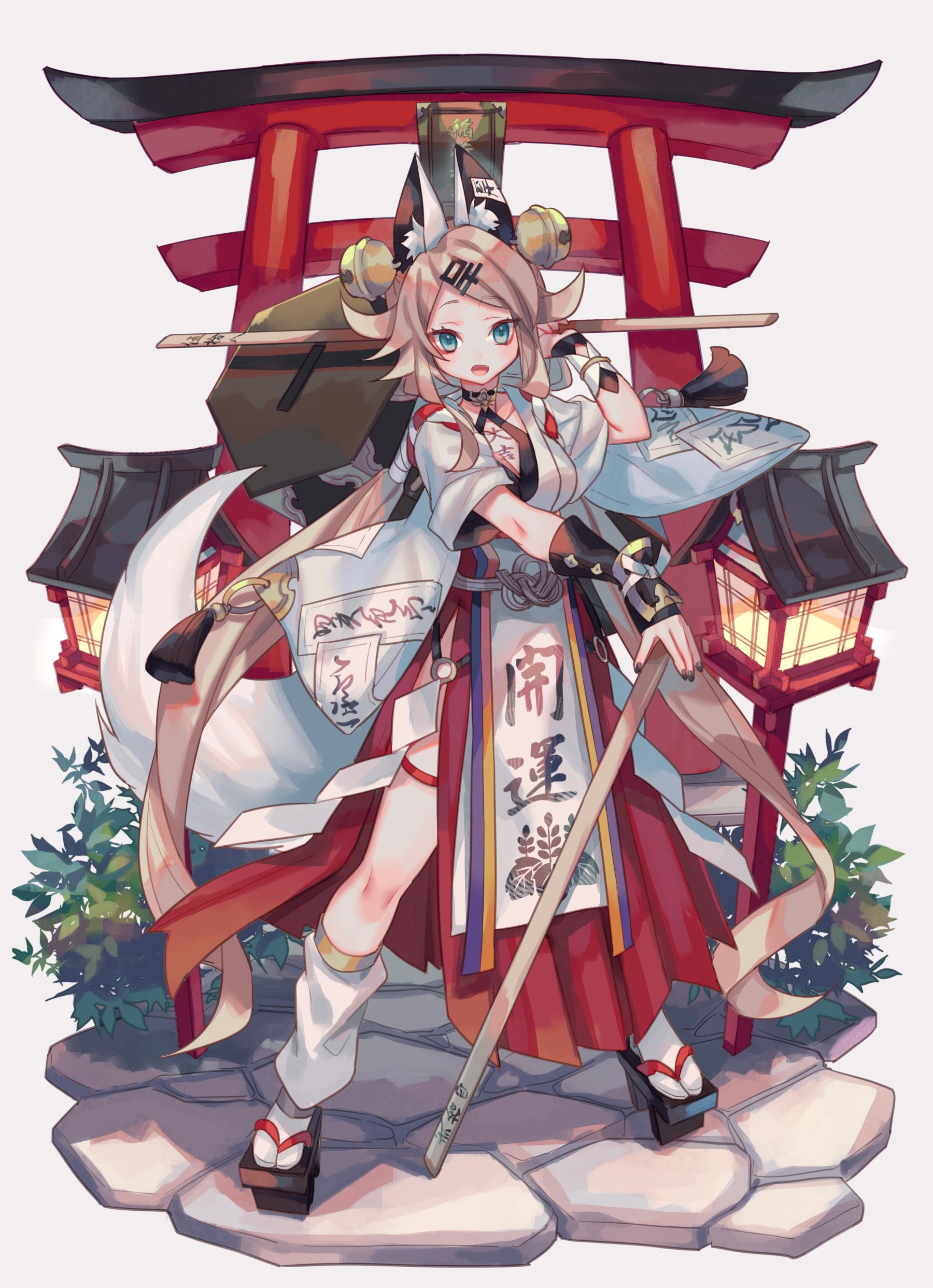 Anime girl with fox ears and tail in shrine setting HD Phone Wallpaper