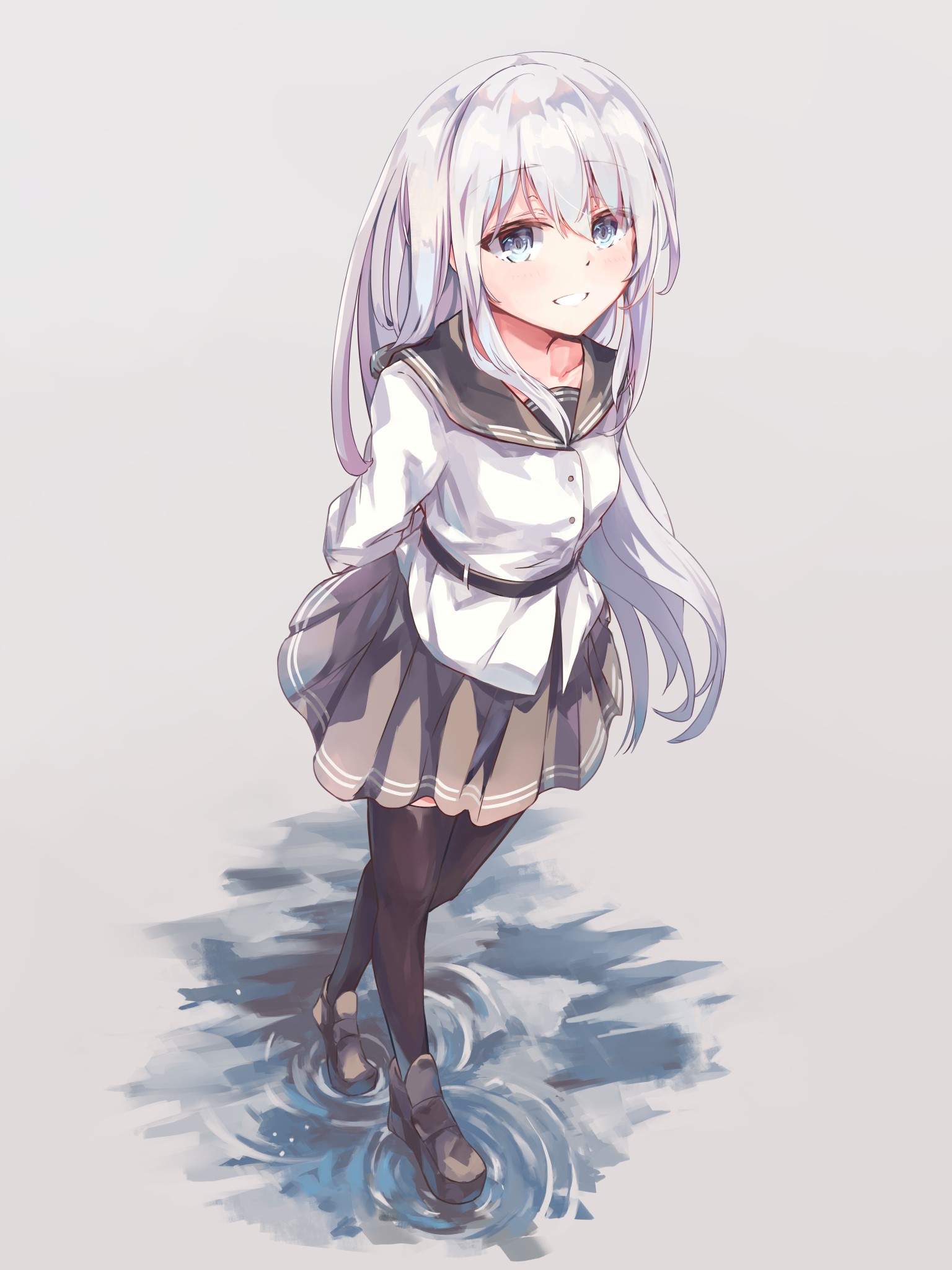 Anime girl with white hair in a school uniform HD Phone Wallpaper