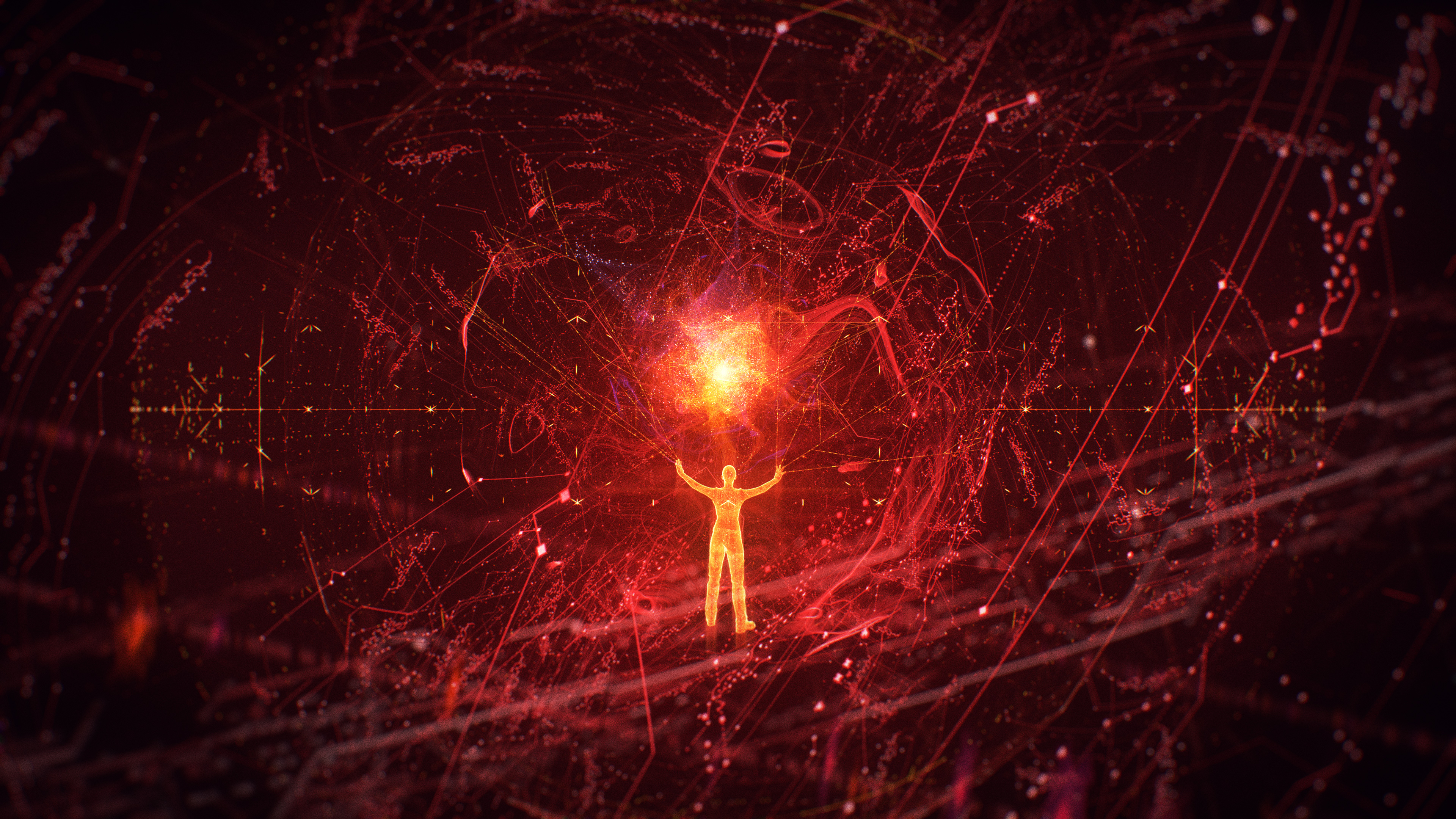 Figure reaching for glowing orb in abstract red digital space 4K HD Wallpaper