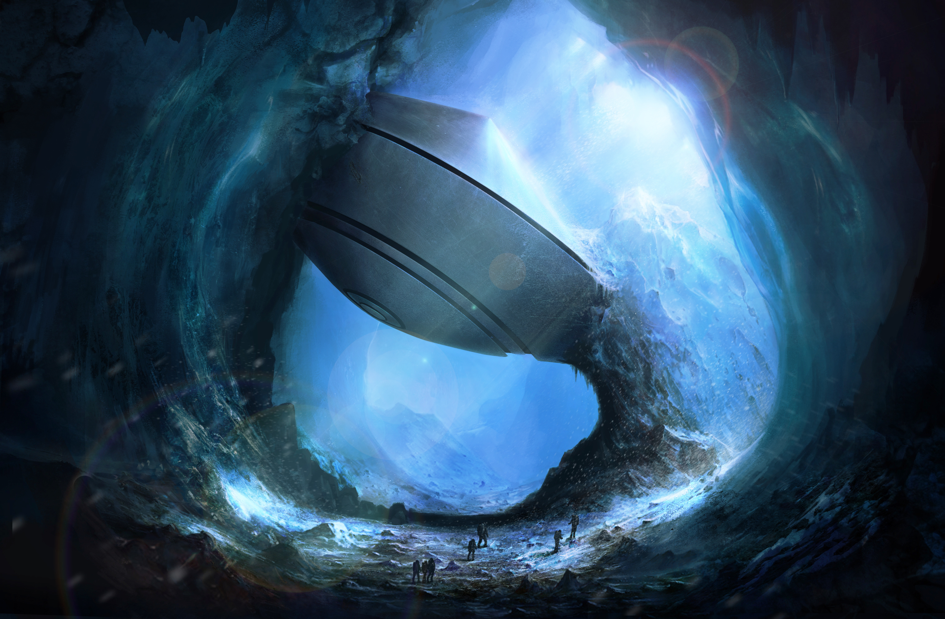 UFO in an icy cave with explorers HD Wallpaper