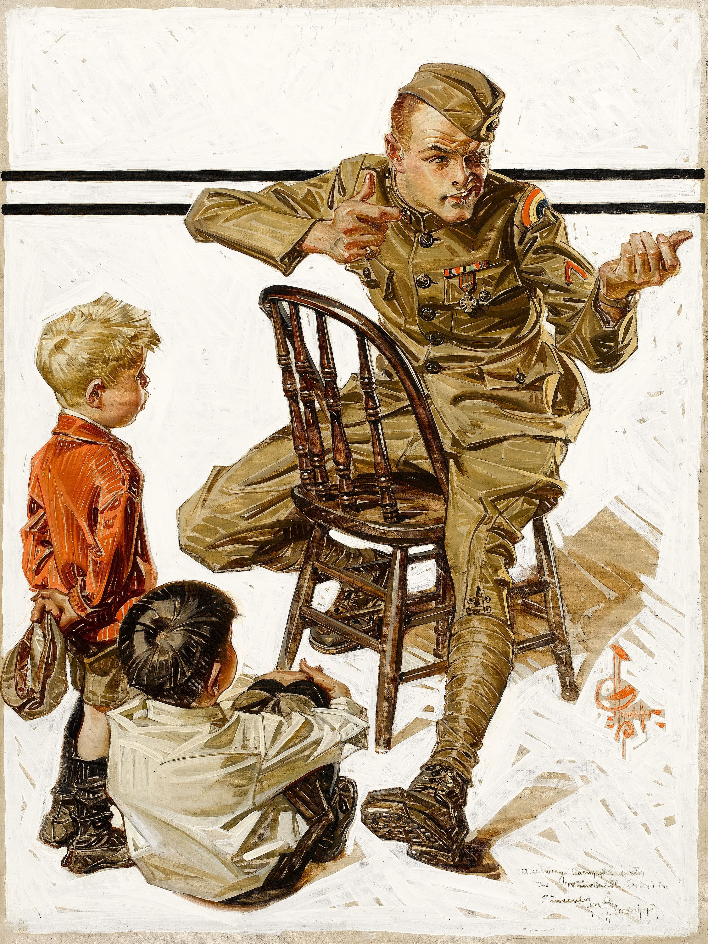 Soldier telling a story to two young boys HD Phone Wallpaper