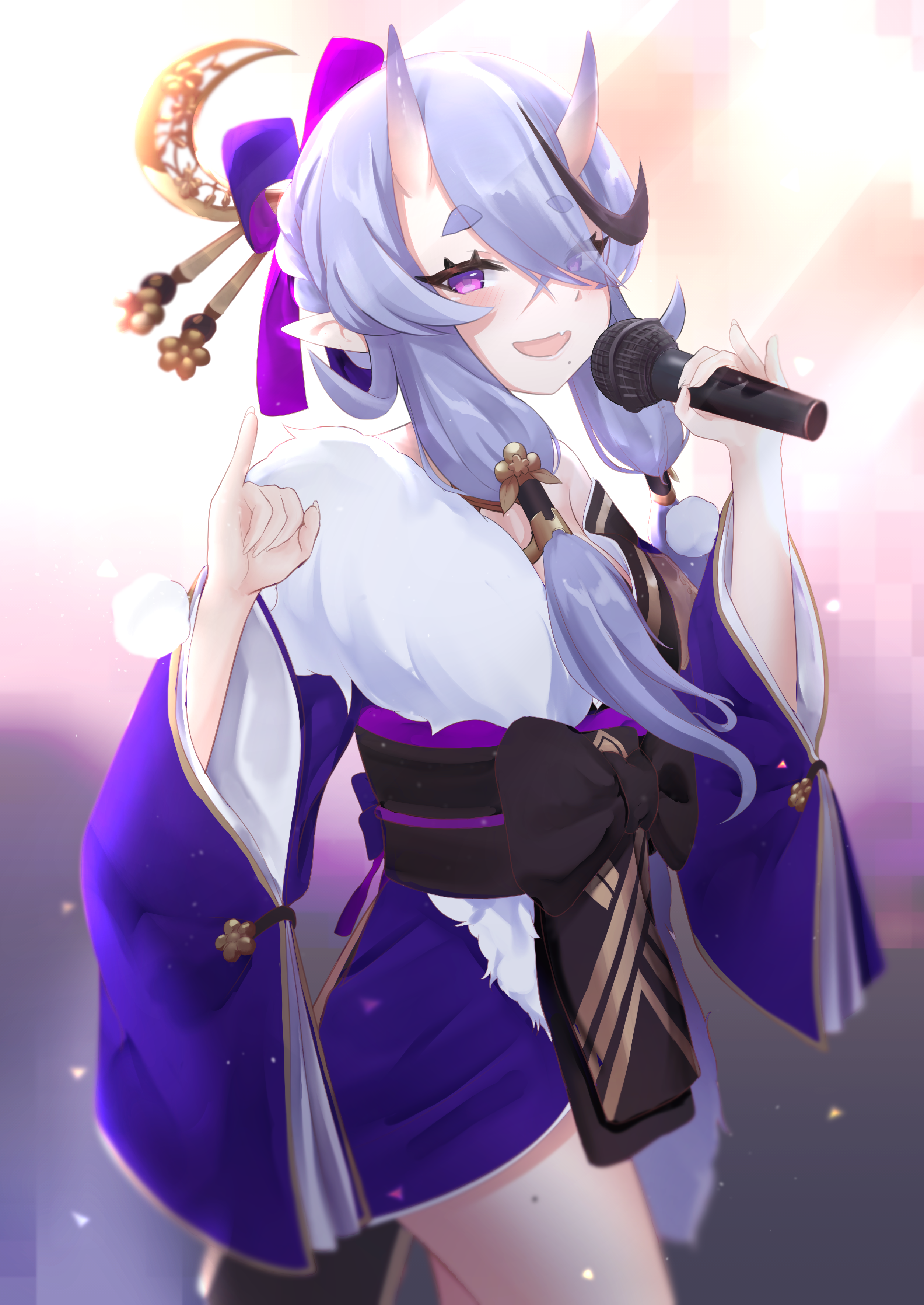 Anime girl with horns singing into a microphone HD Phone Wallpaper