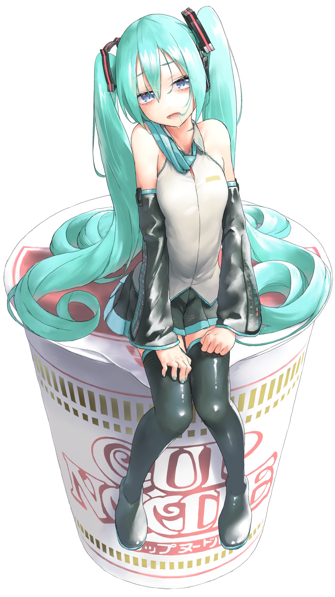 Hatsune Miku sitting on a cup of noodles HD Phone Wallpaper