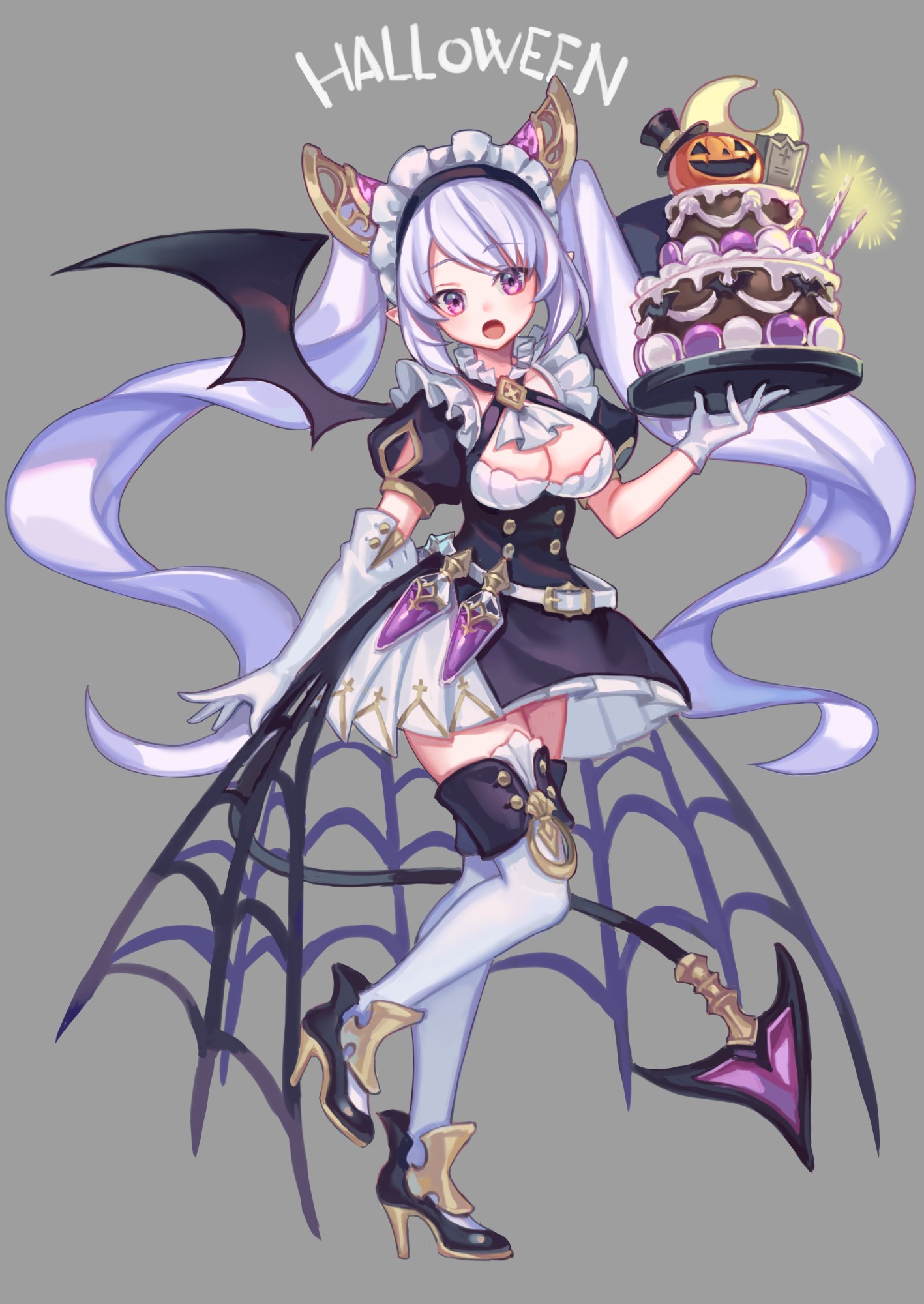 Anime girl in Halloween maid outfit holding cake HD Phone Wallpaper