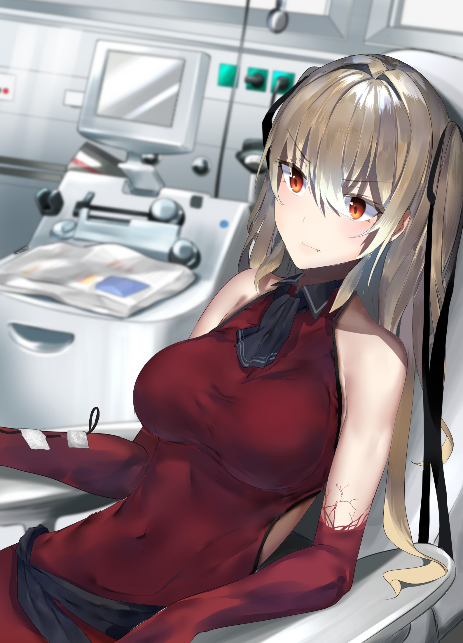 Anime girl in red dress at medical machine HD Phone Wallpaper