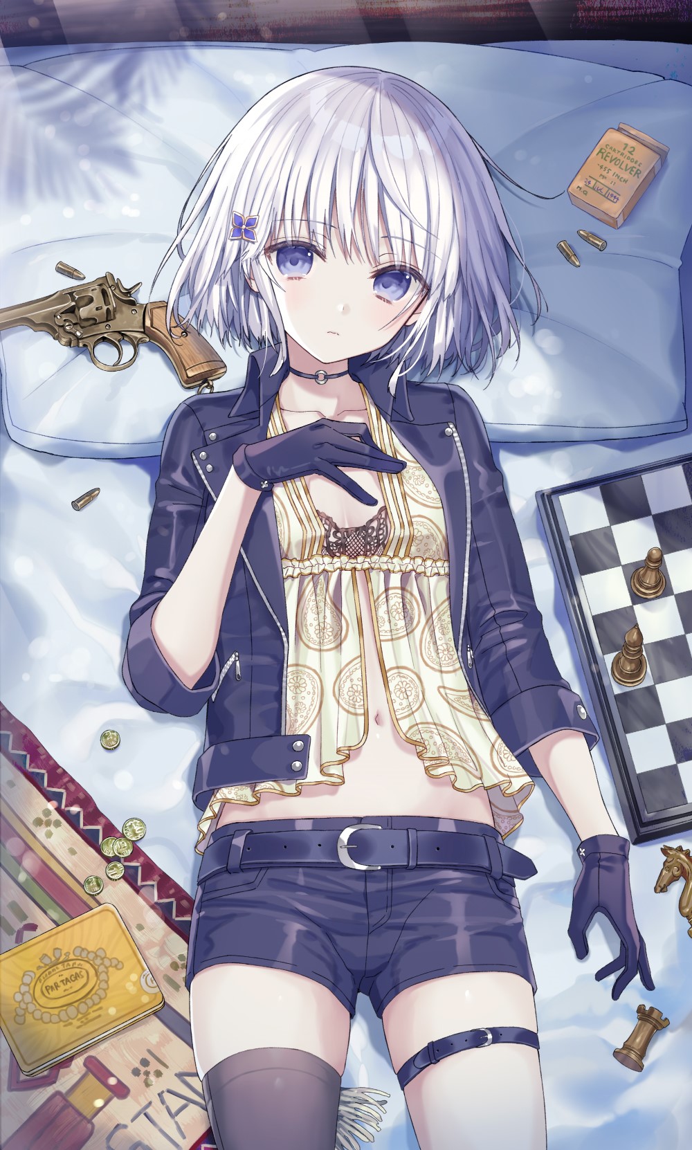 Anime girl with white hair lying down with guns and chess HD Phone Wallpaper