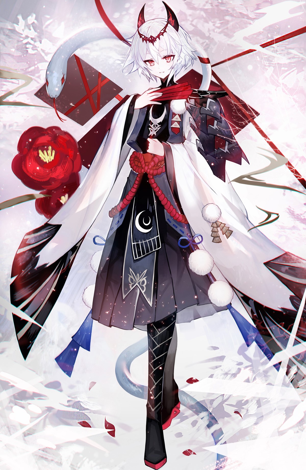 Anime girl with snake and red flower HD Phone Wallpaper