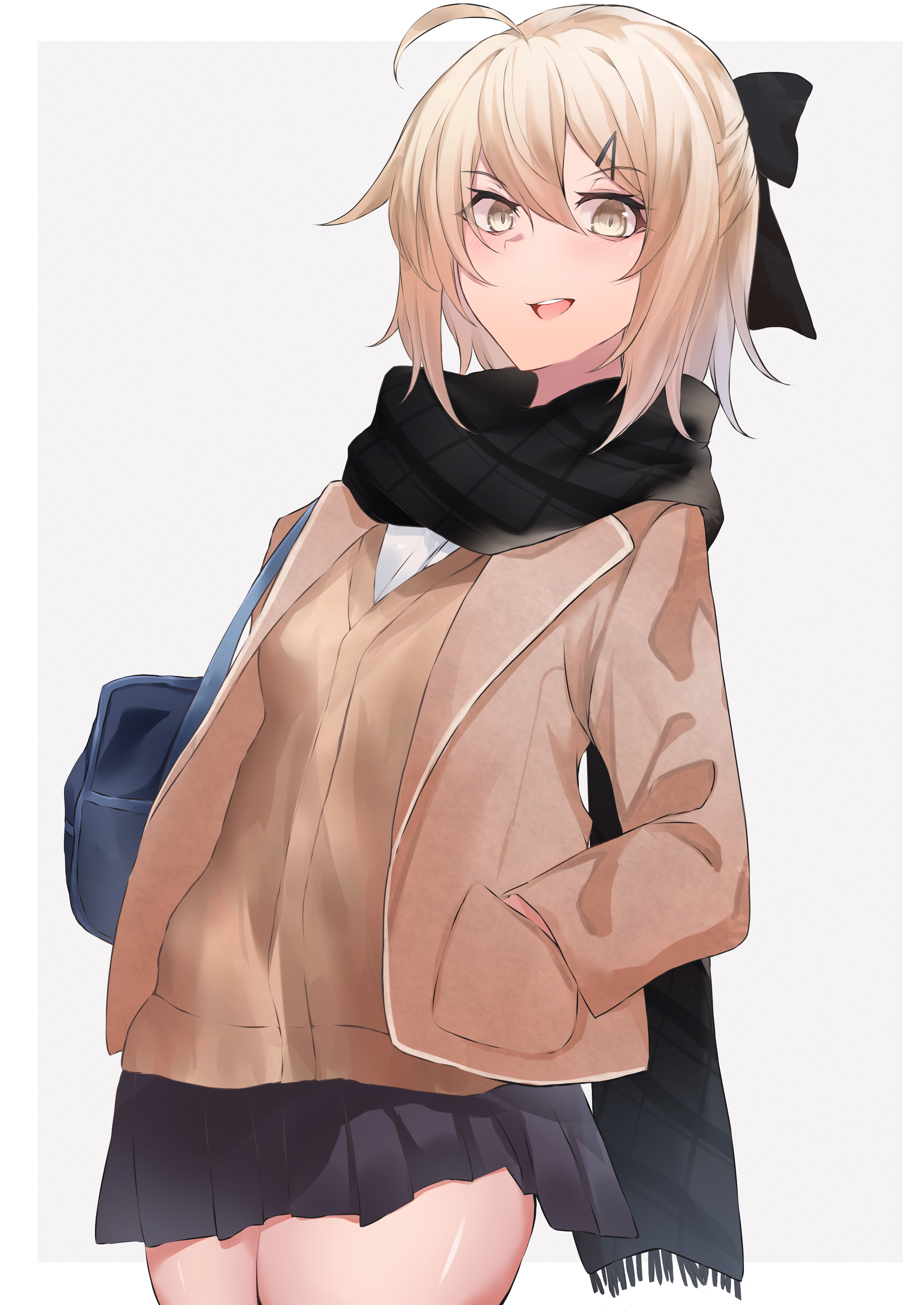 Anime girl with blonde hair wearing a scarf and jacket HD Phone Wallpaper