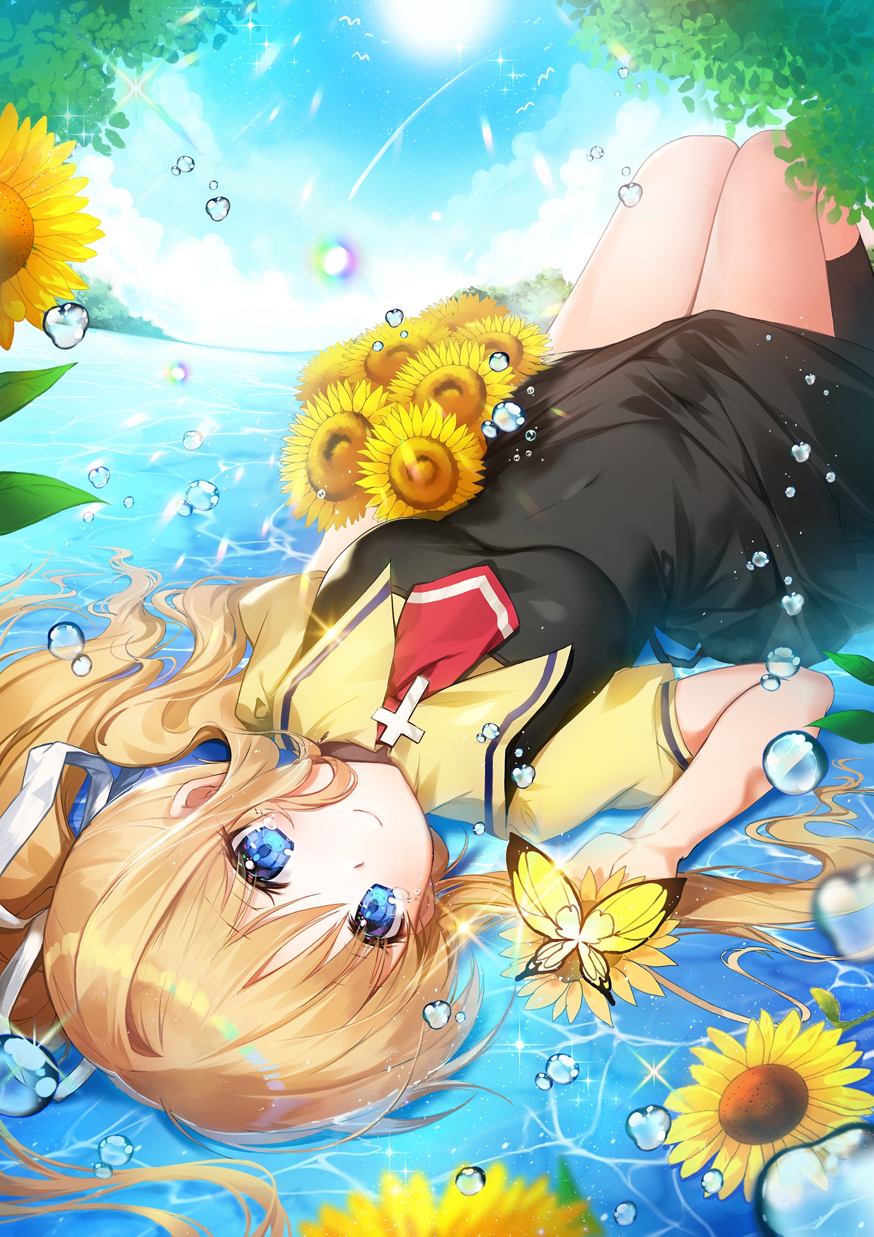 Anime girl with sunflowers lying in water HD Phone Wallpaper