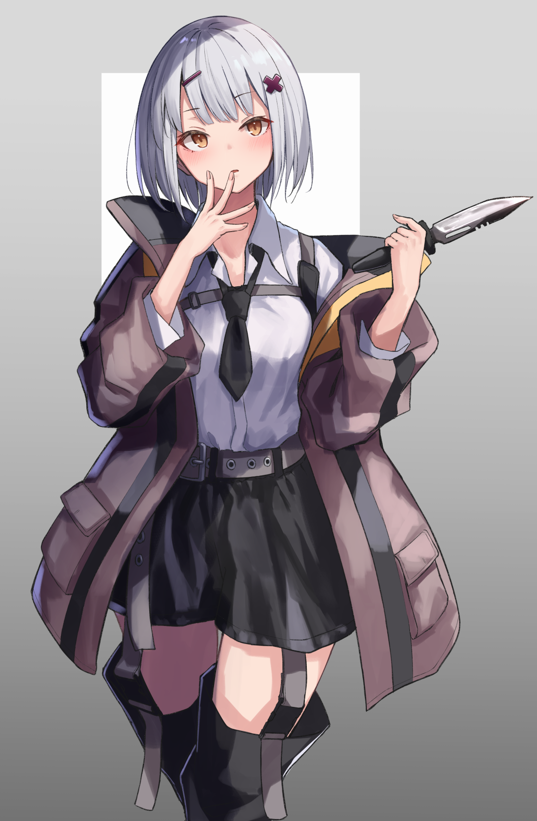 Anime girl with white hair holding a knife HD Phone Wallpaper
