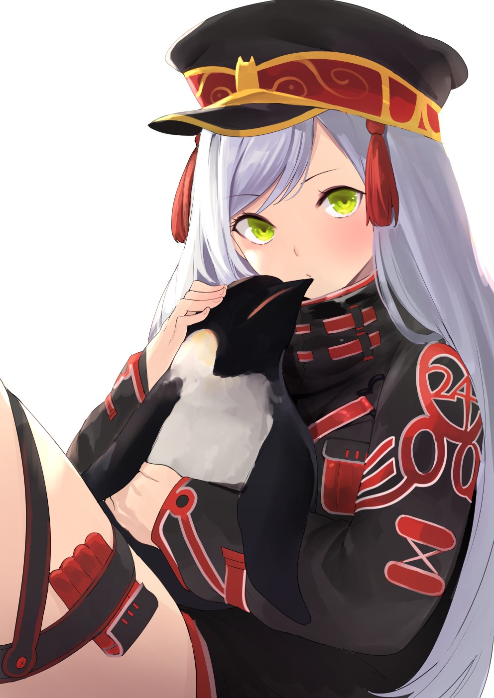 Anime girl in uniform holding a penguin HD Phone Wallpaper