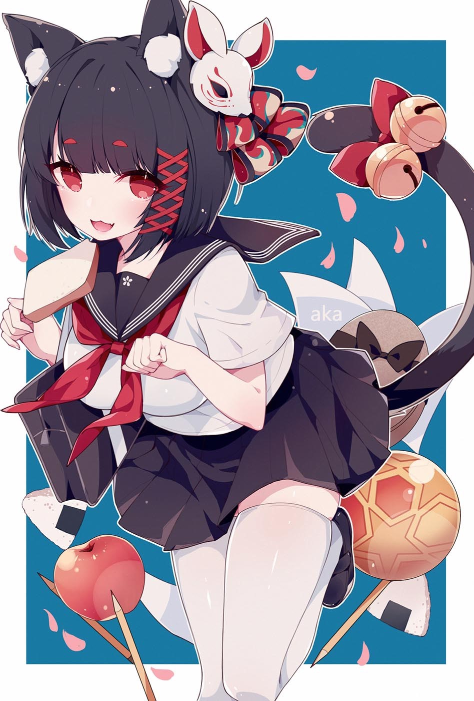 Anime girl with cat ears and fox mask holding food HD Phone Wallpaper