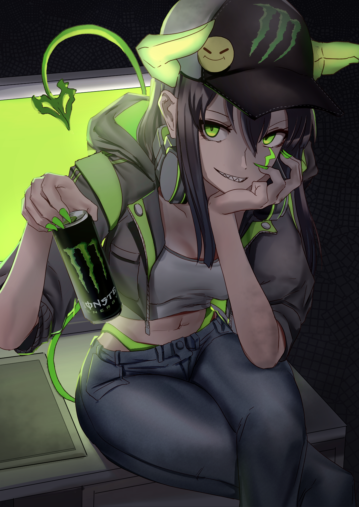 Anime girl with Monster Energy can HD Phone Wallpaper